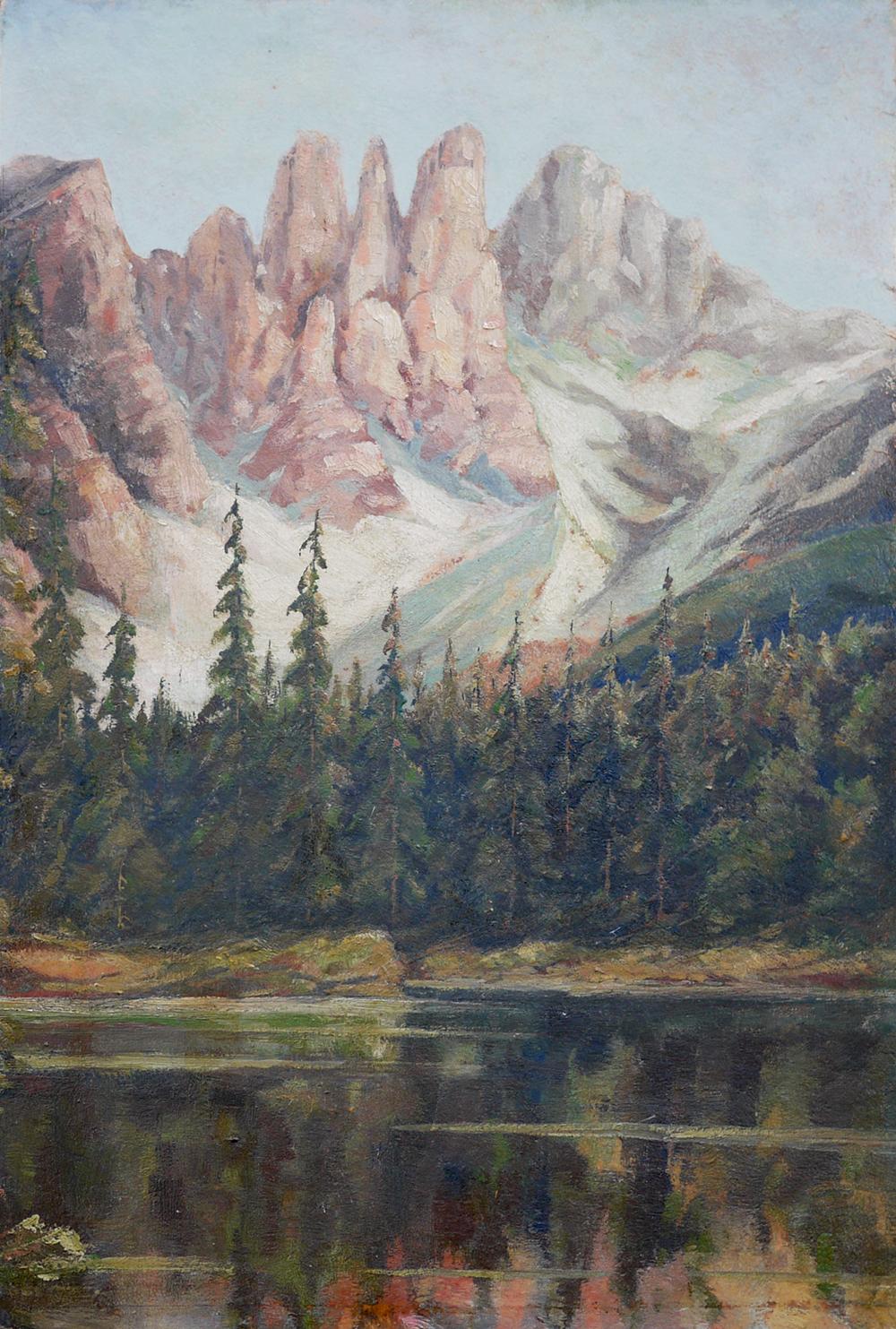 Lake Carezza, South Tyrol, View of the Latemar - 1920

60 cm x 40 cm (measurements refer only to the canvas, without frame) - oil on cardboard.

Elegant composition of a mountain view from Lake Carezza on the Latemar mountain range in South