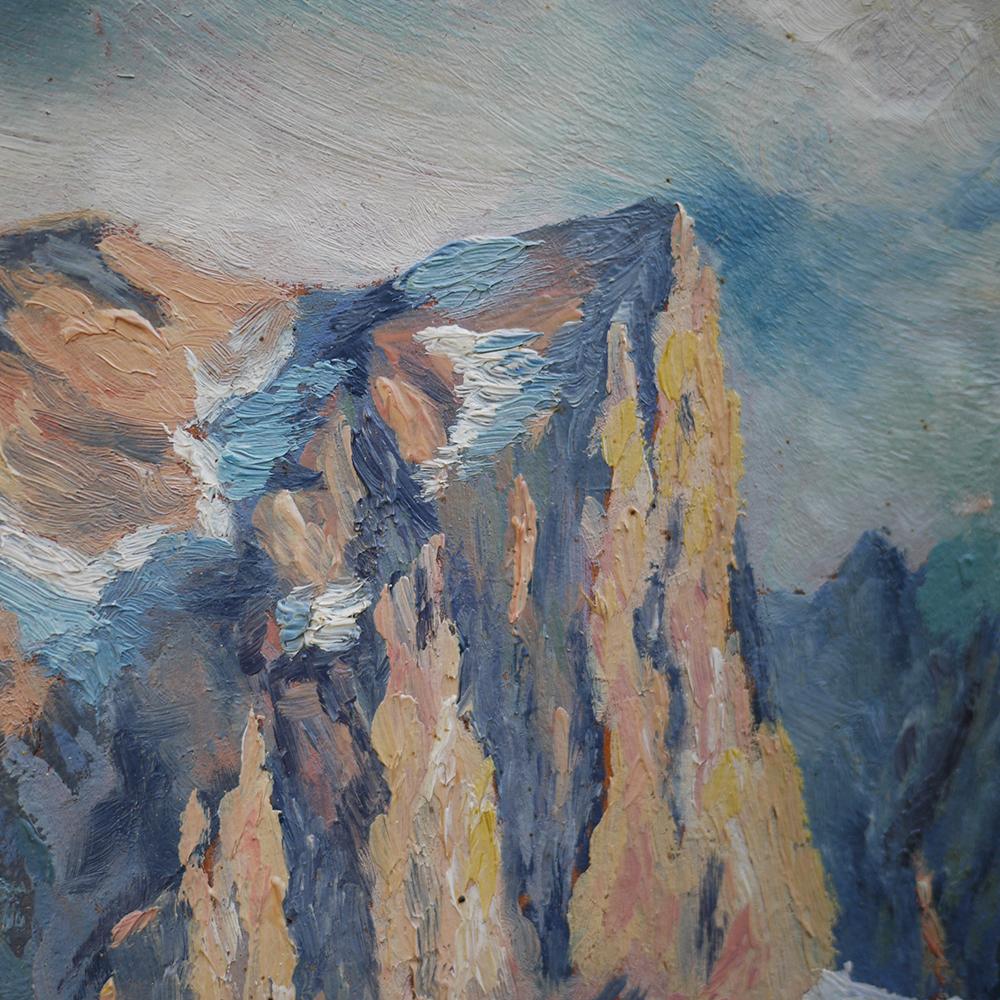 Mountain Painting, Dolomites, Oil on Cardboard, M. Heuberger C., 1940 In Good Condition In Vo', Veneto