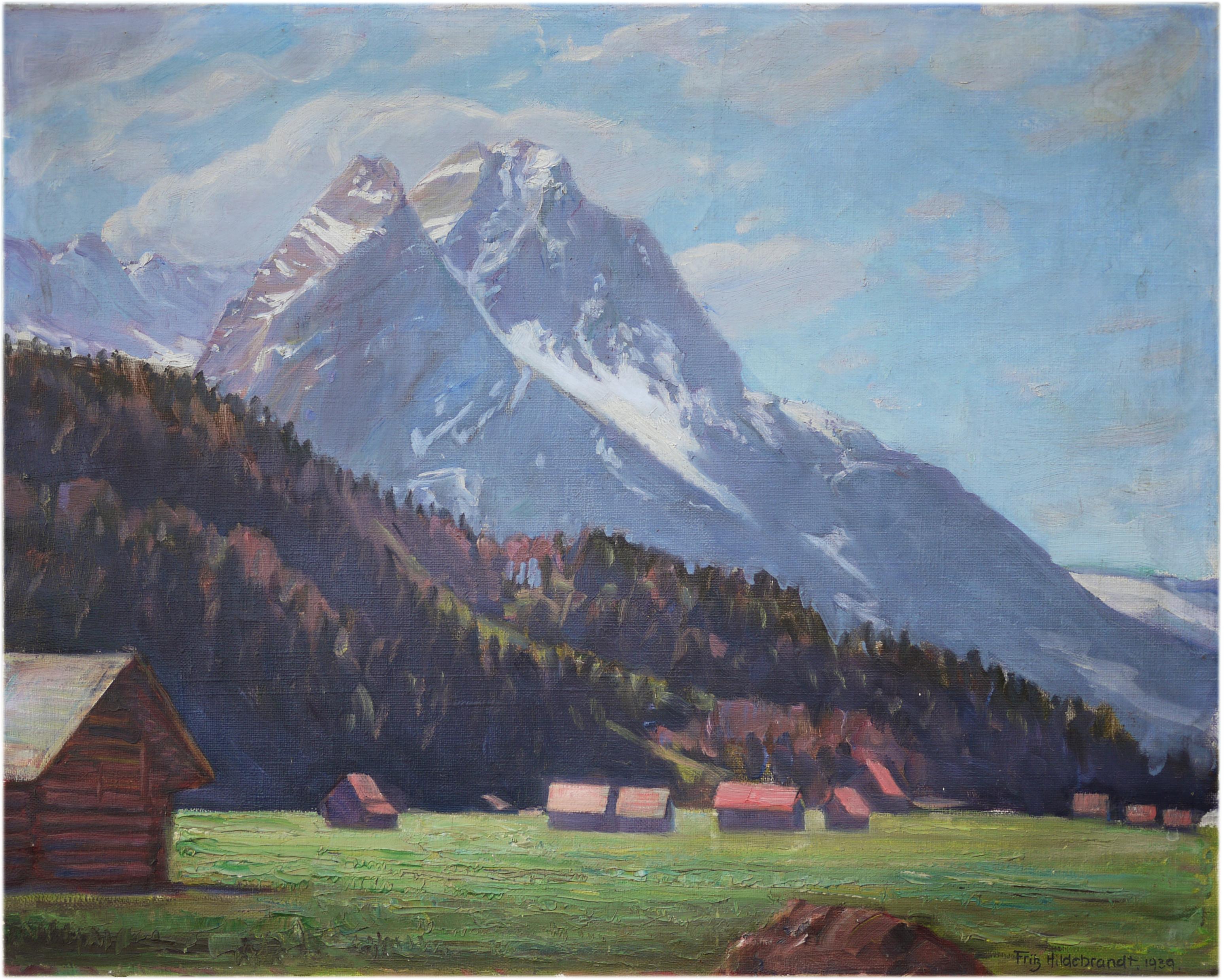 Fritz Hildebrandt (1878-1970) - Garmisch summer view with Waxenstein (Zugspitze) - oil on canvas - 1930

50 cm x 60 cm Unframed - 65 cm x 75 cm framed in antique fir
19 in x 23.6 in Unframed - 25.6 in x 29.5 in framed in antique fir

Summer
