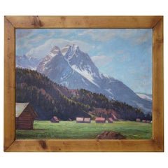 Vintage Mountain Painting with Huts, Oil on Canvas Alps, Fritz Hildebrandt, 1930