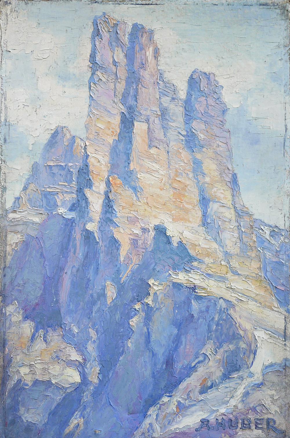 Mountain painting, Italian Dolomites, The Vajolet Towers, A. Huber, 1940s

Size: 40 cm x 25 cm (measurements refer only to the canvas, the painting is sold with the frame), oil on cardboard.

The painter depicts the Vajolet towers using brush