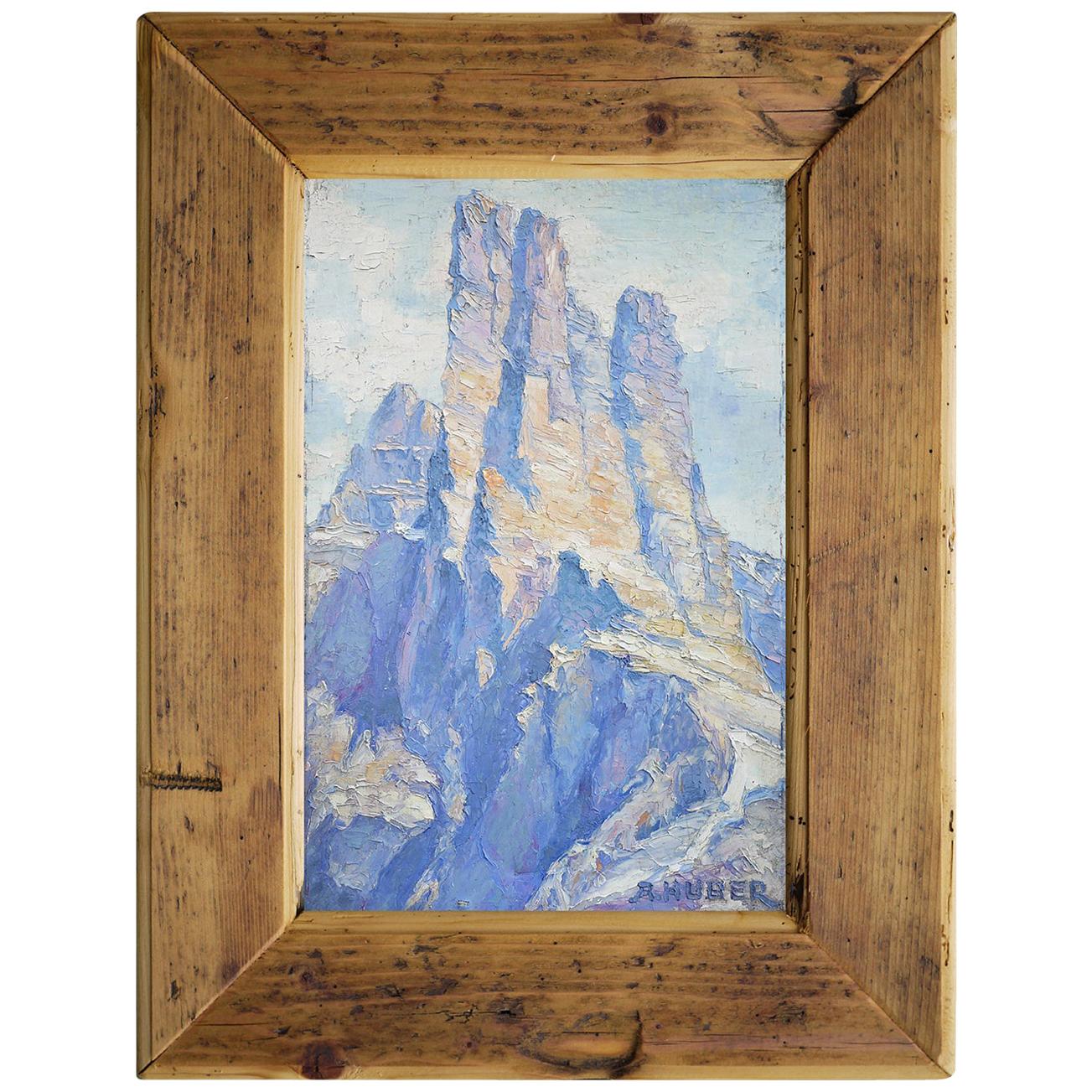 Mountain Painting, Italian Dolomites, Oil on Cardboard, A. Huber, 1940s