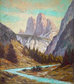 Mountain Painting, Italian Dolomites, Oil on Cardboard, F. Grund, 1940s