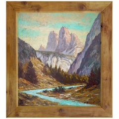 Mountain Painting, Italian Dolomites, Oil on Cardboard, F. Grund, 1940s