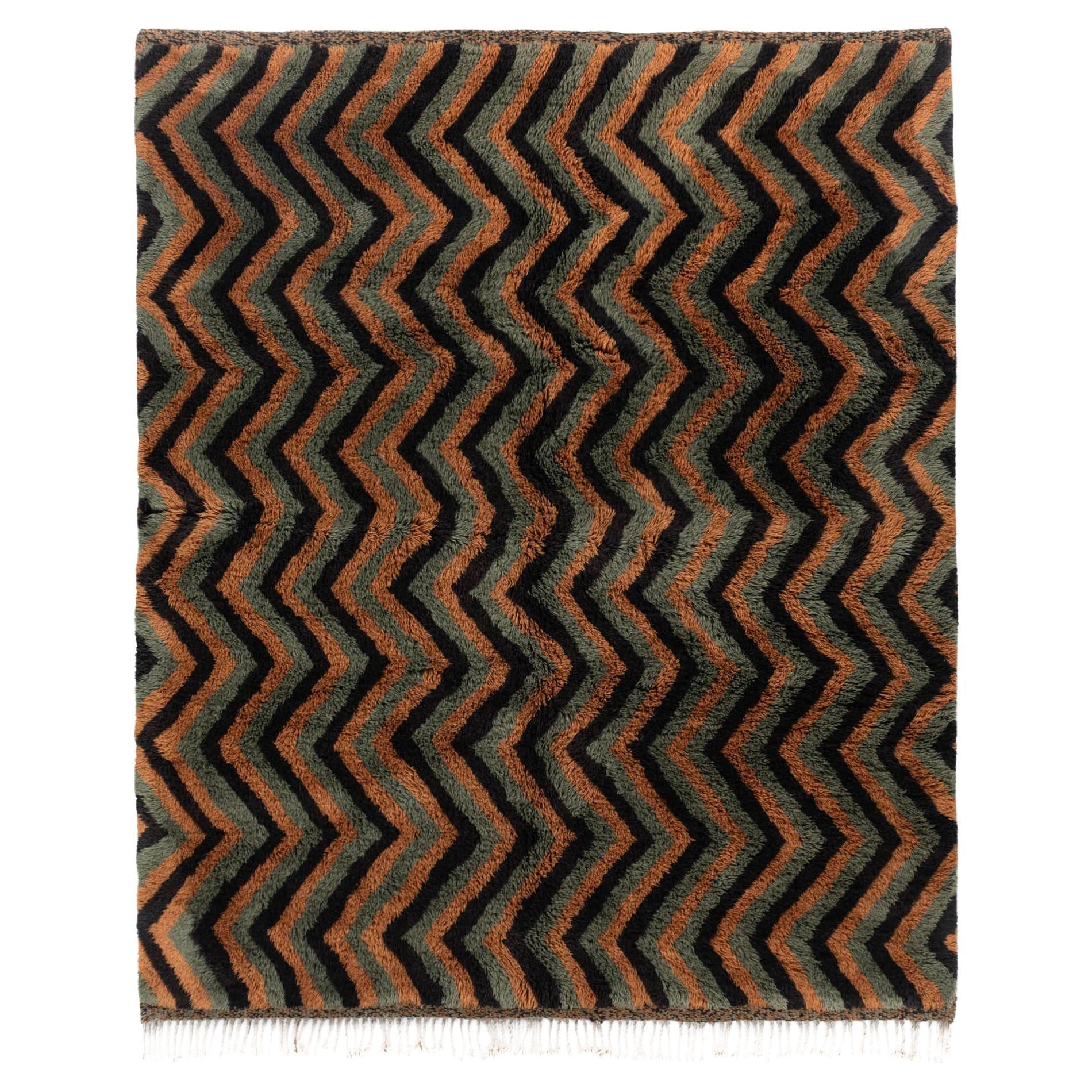 Mountain Peak Brown Chevron, Authentic Shag, All-Natural Wool Moroccan Rug For Sale