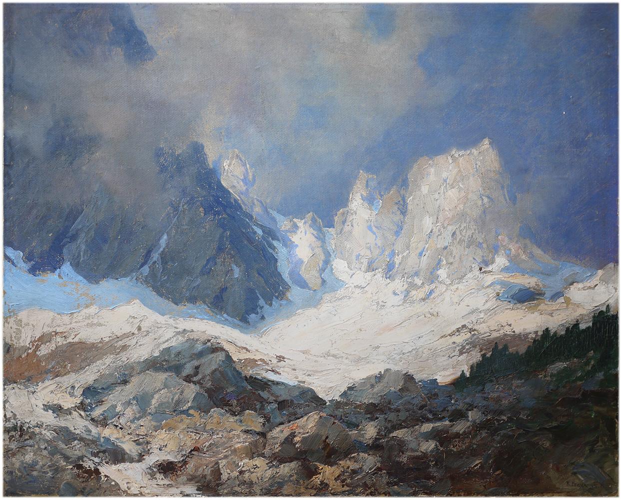 Mountain peak, San Martino di Castrozza Italian Dolomites
Rudolf Hermanns, oil on cardboard, 1910

Measures: 50 cm x 60 cm (without frame)
 19.7 in x 23.6 in (without frame).

Painting depicting a mountain peak in the Pale di San Martino Group