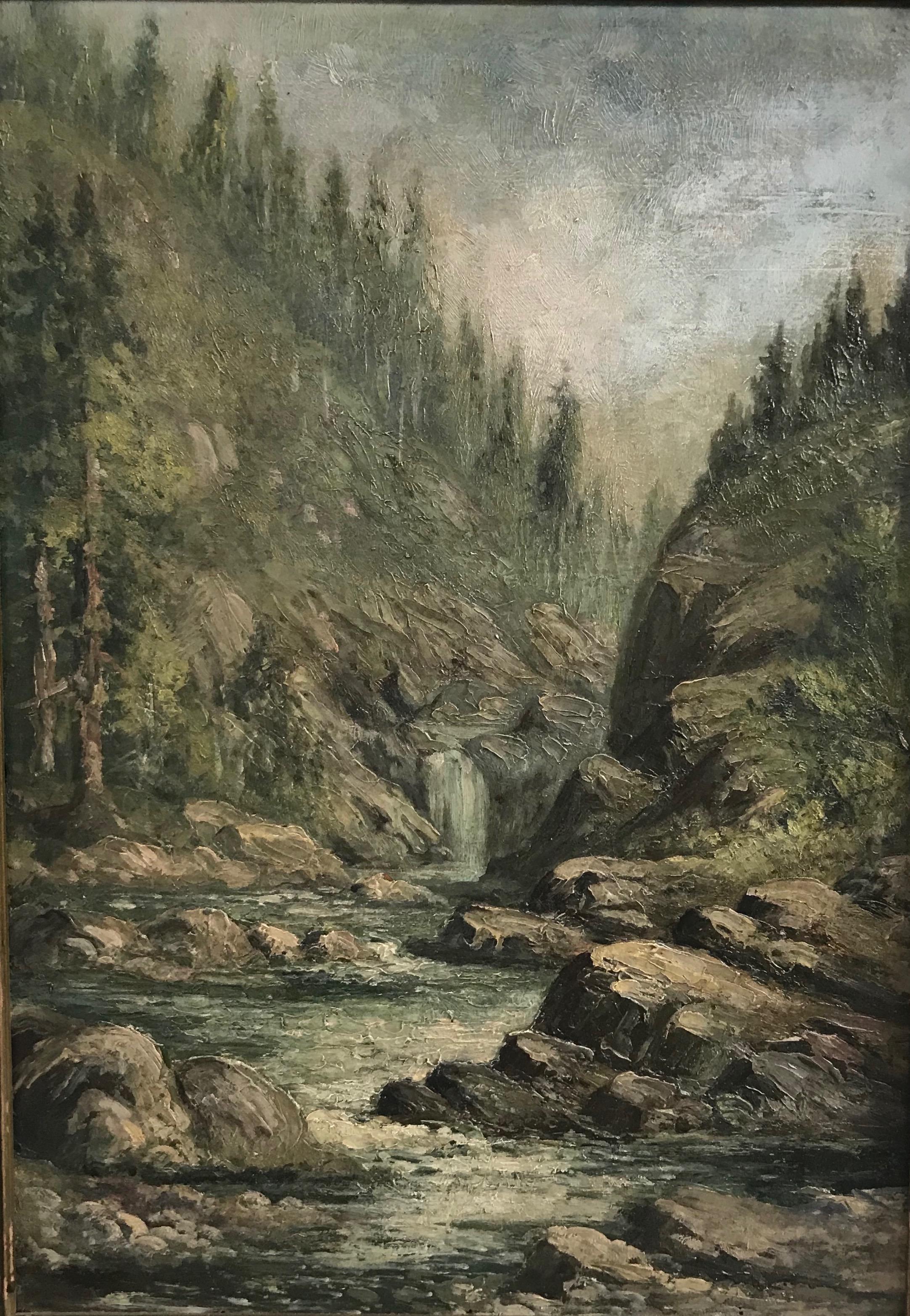 Beautifully painted river landscape scene with mountains and a waterfall, in original carved and gilt pie crust frame.
Oil on artist board, unsigned.
American, early 20th century.