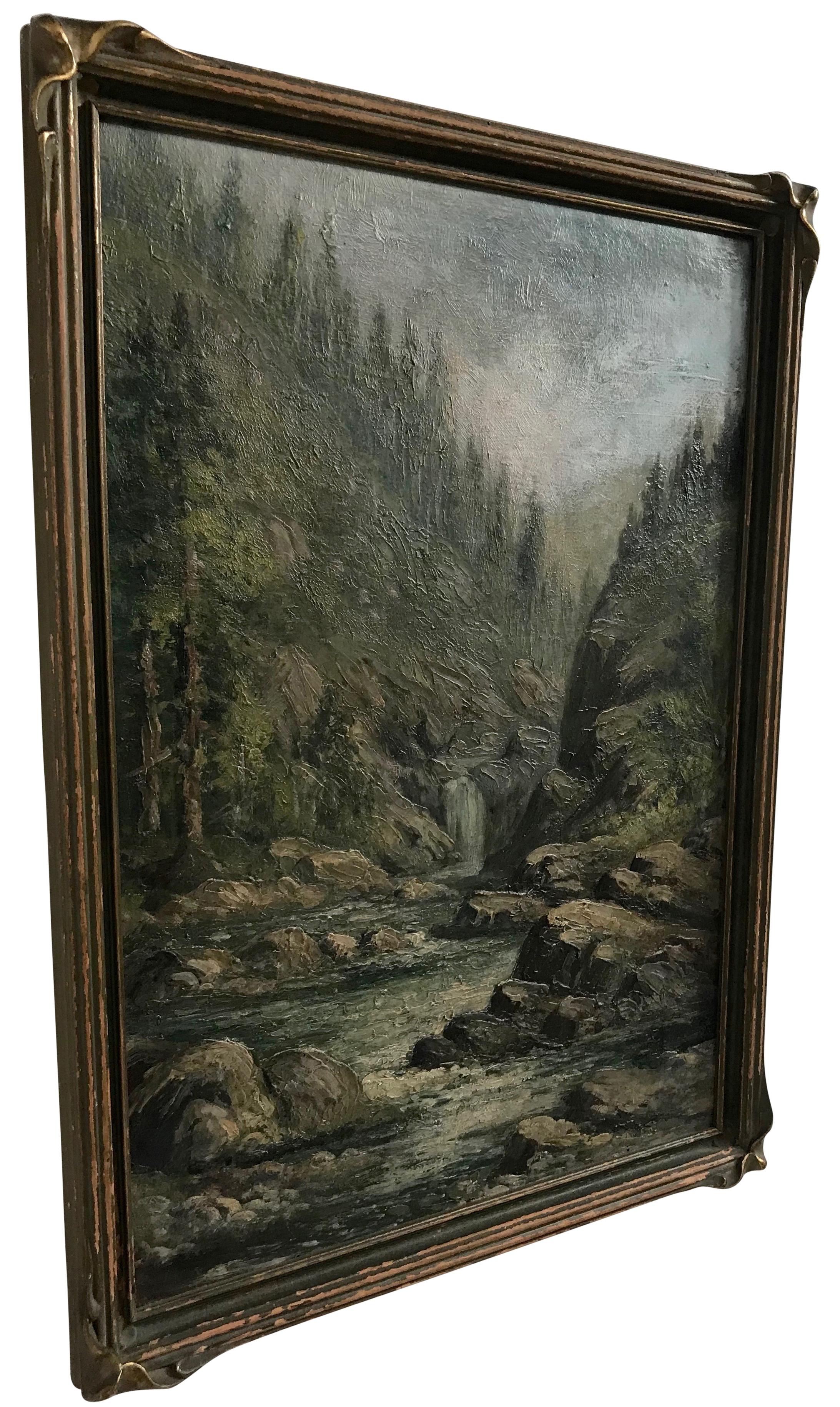 Hand-Painted Mountain River Scene Landscape Painting, American Early 20th Century For Sale