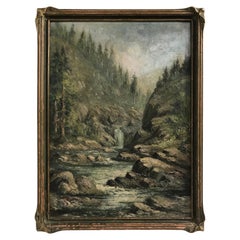 Pittura paesaggistica con scena di fiume di montagna, America, inizio XX secolo