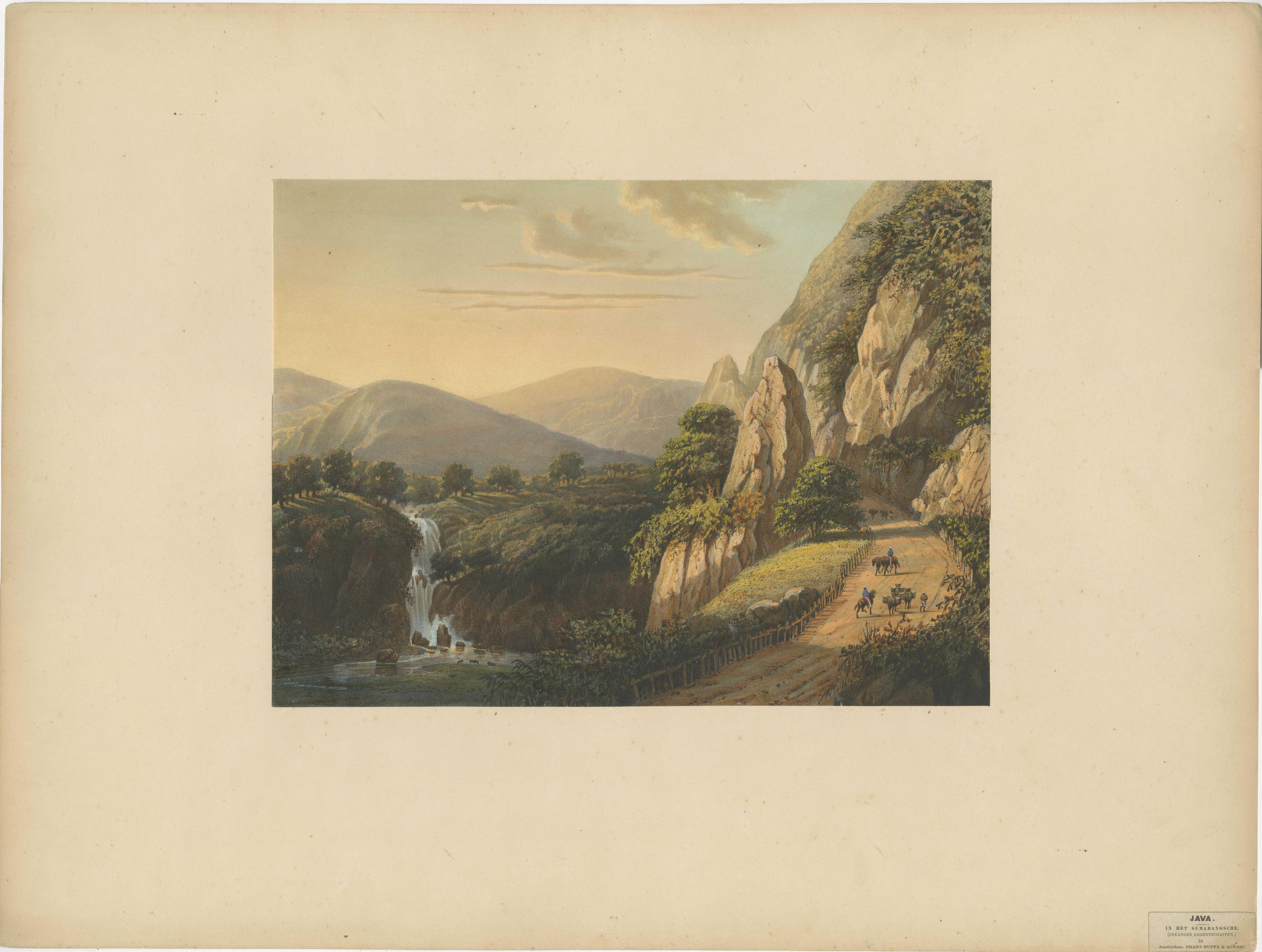 Mountain Road and Waterfall in the Tengger Range – Java Lithograph, Published 1872

This powerful and richly detailed chromolithograph captures a dramatic stretch of road through the Tengger Mountains in the far eastern part of Java. It is plate
