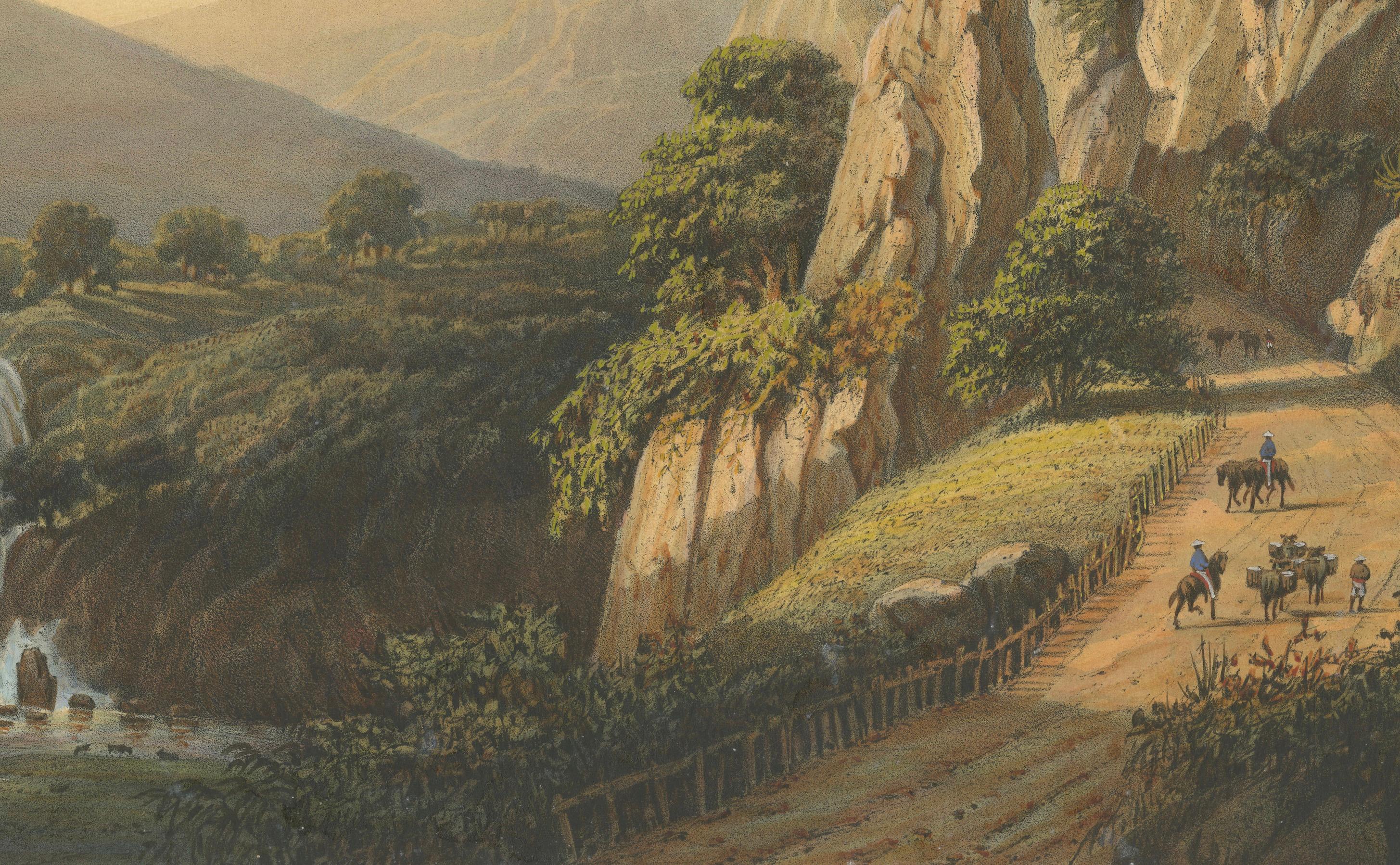 Mountain Road and Waterfall in the Tengger Range – Java Lithograph, circa 1872 In Good Condition For Sale In Langweer, NL