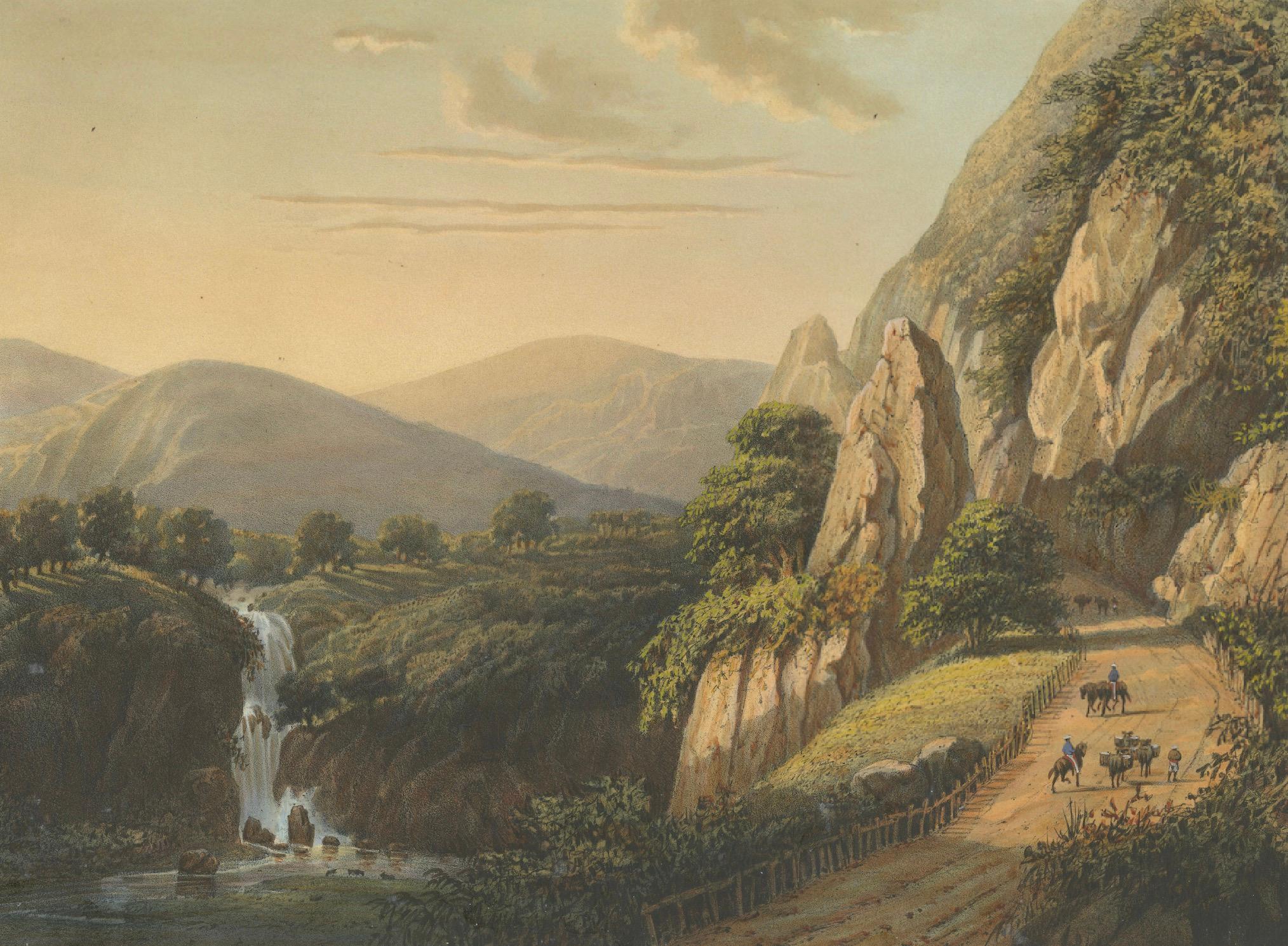 Late 19th Century Mountain Road and Waterfall in the Tengger Range – Java Lithograph, circa 1872 For Sale