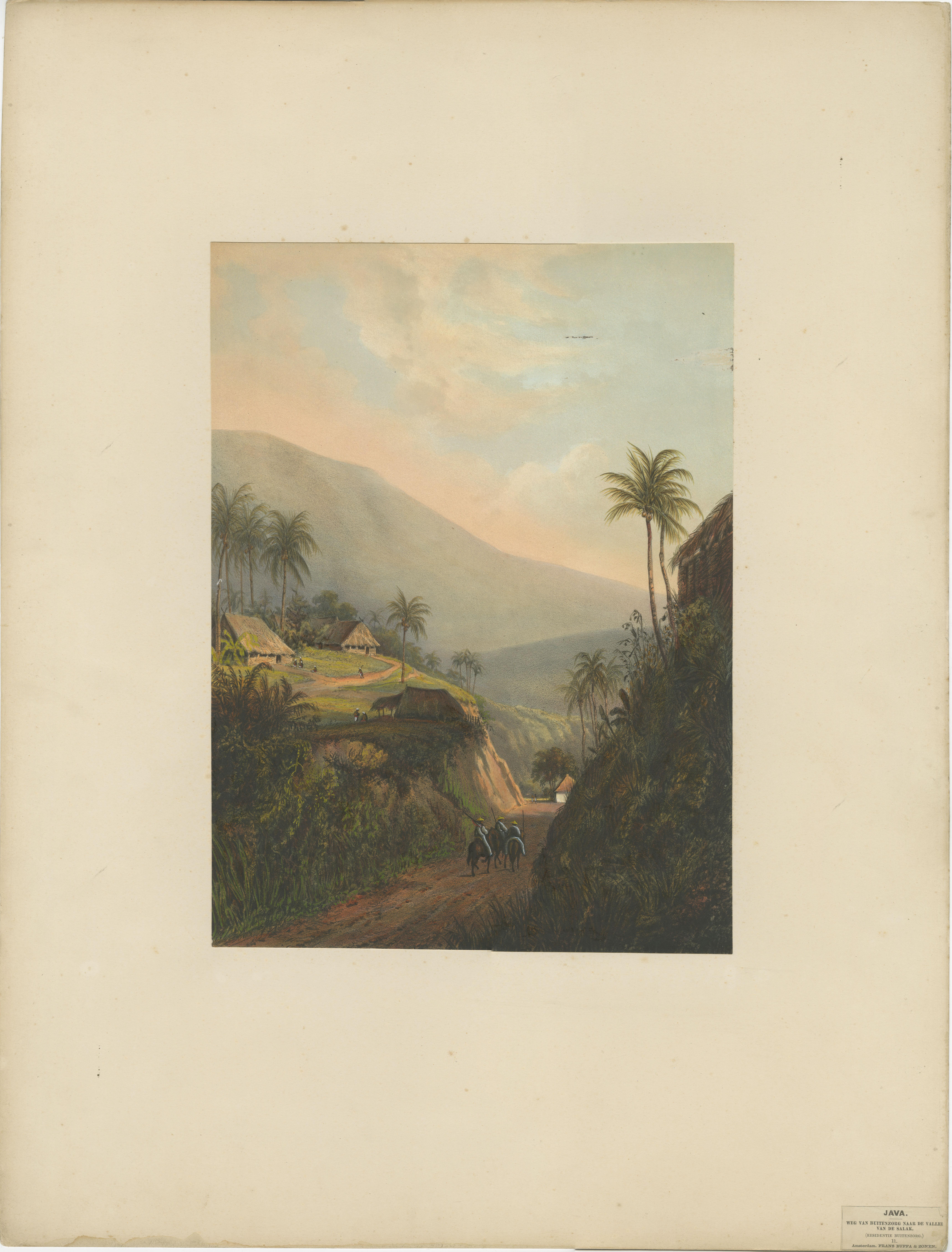 Bergstraße zum Salakh-Tal (Puncak-Pass), Java - Koloniale Landschaftslithographie, 1872

Diese detailreiche Chromolithografie zeigt eine landschaftlich reizvolle Bergstrecke, die in das üppige Salakh-Tal in der Region Buitenzorg (heute Bogor),