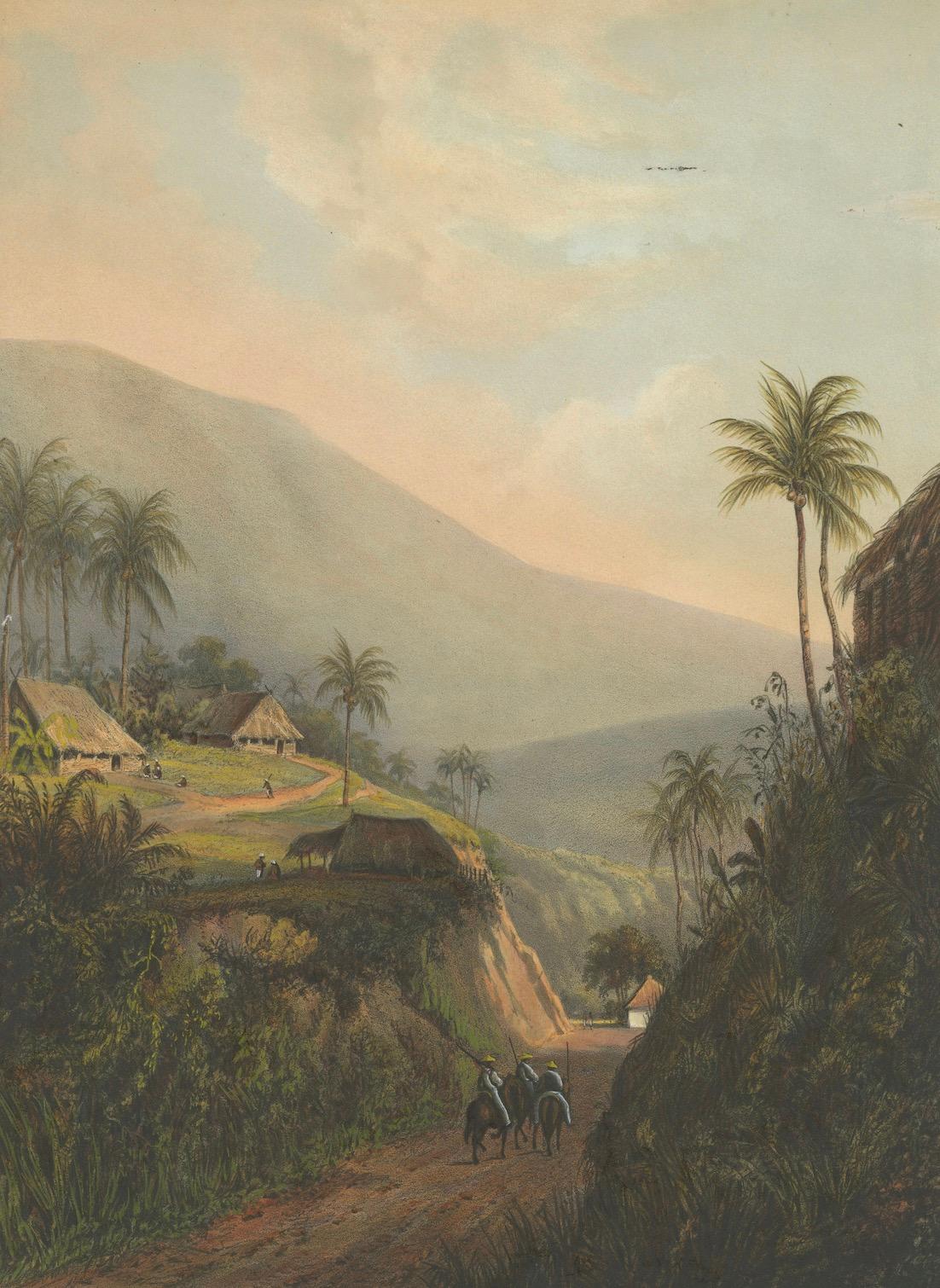 Bergstraße zum Salak-Tal, Java - Koloniale Landschaftslithographie, 1872 (Spätes 19. Jahrhundert) im Angebot