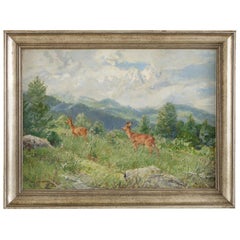 Vintage  Wilhelm Buddenberg Bavarian Mountain Landscape w Deer by Garmisch-Partenkirchen