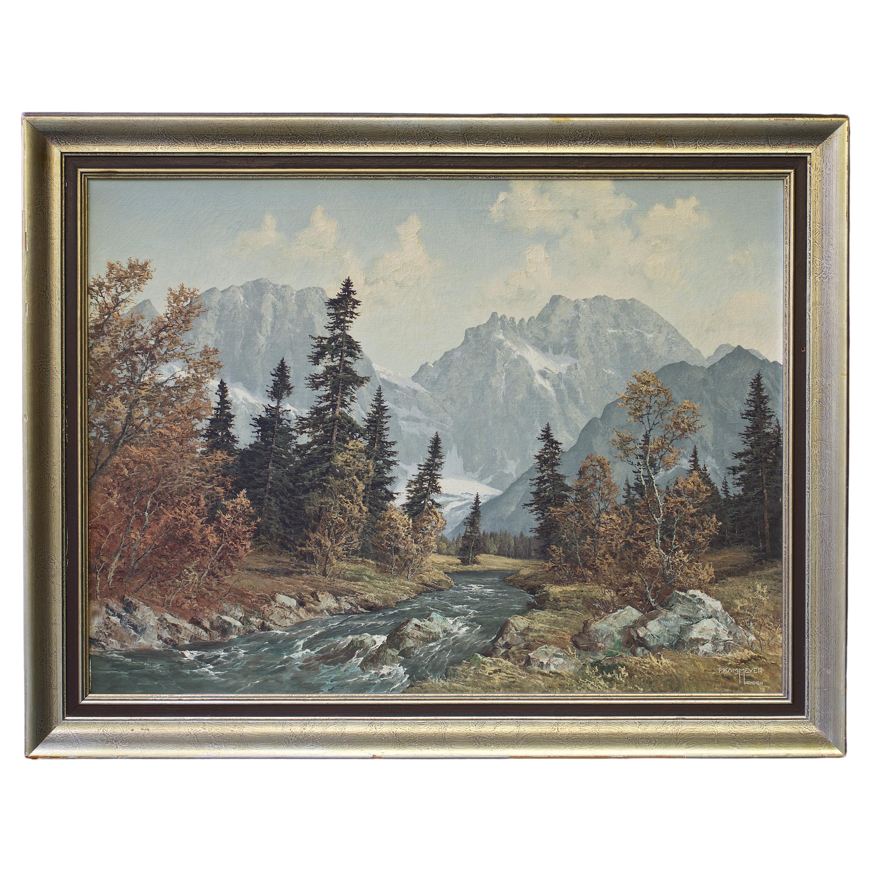 Mountain Stream Scene by German Impressionist Oil Painter Frederick Kammeyer For Sale