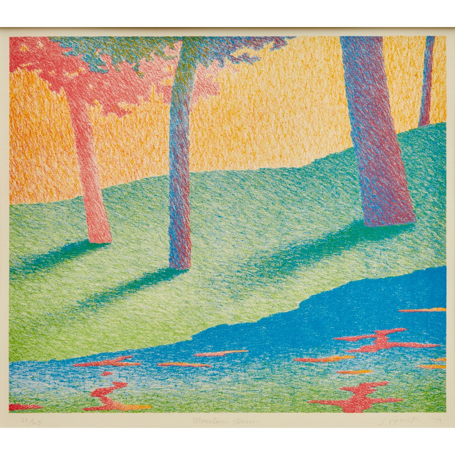 John Fassolas (Ägypter, geb. 1947), Mountain Stream, 1979, Farblithografie, signiert, betitelt, datiert und nummeriert 22/45 mit Bleistift

Eine leuchtende und meditative Farblithografie des in Ägypten geborenen Künstlers John Fassolas mit dem Titel