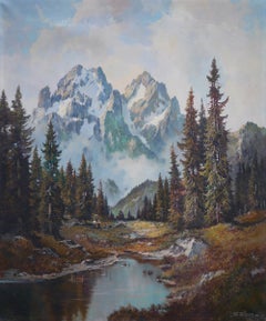 Mountain Summit Oil on Canvas Painting, Dolomites, 1950