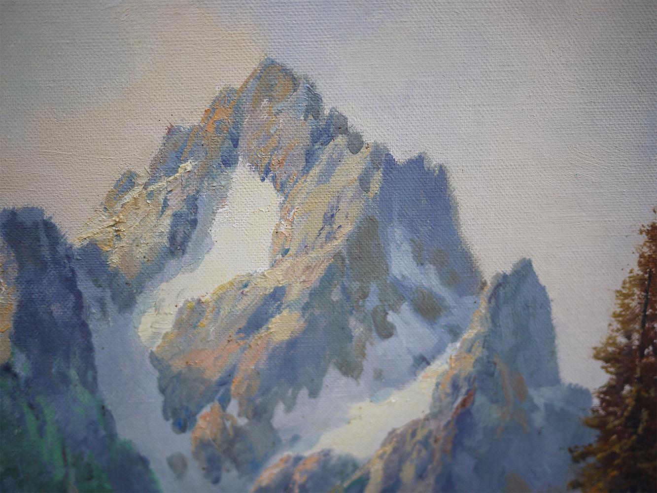 Oiled Mountain Summit Oil on Canvas Painting, Dolomites, 1950
