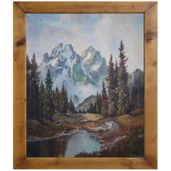 Vintage Mountain Summit Oil on Canvas Painting, Dolomites, 1950