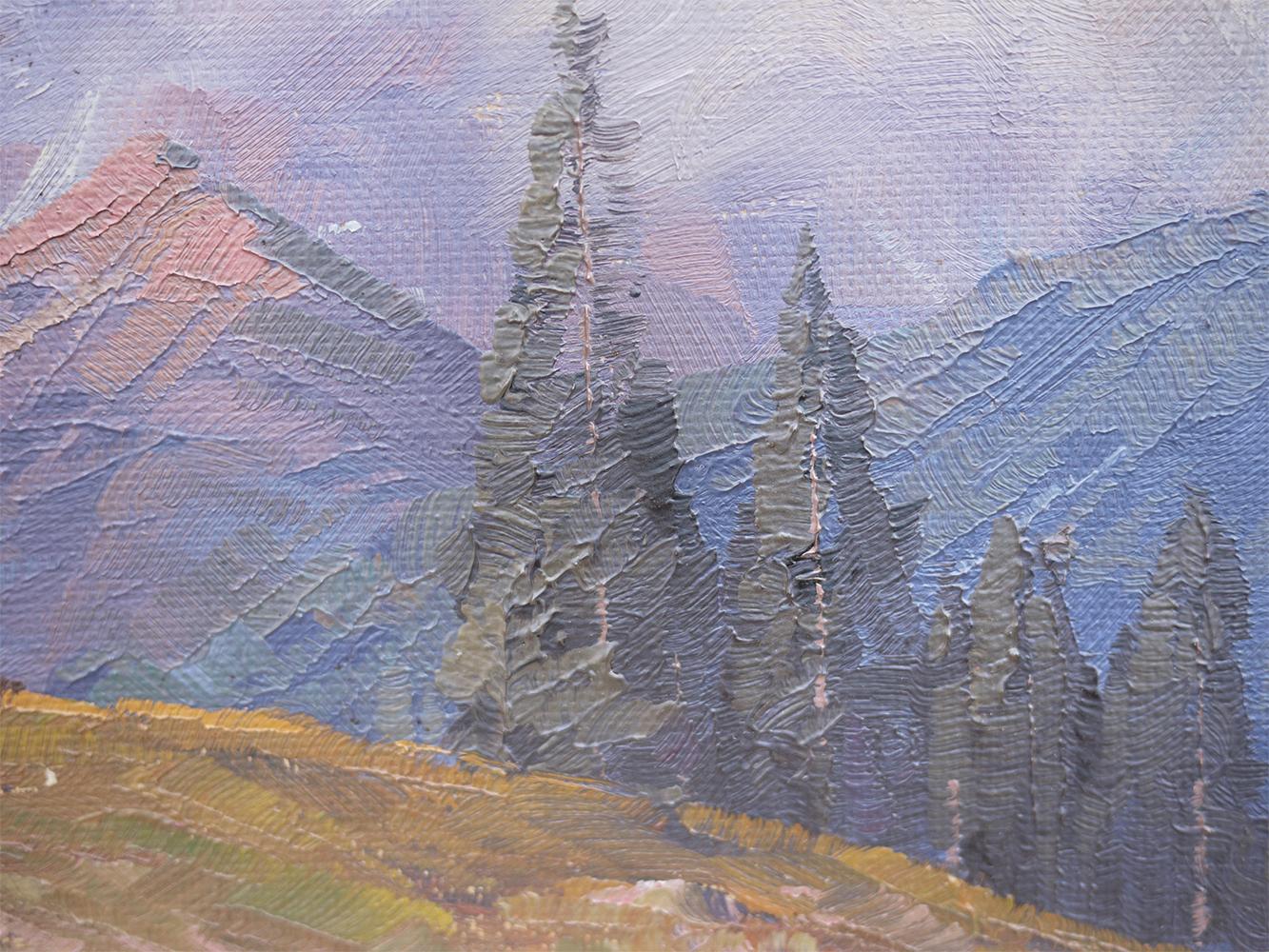 Mountain Sunset Oil on Board Painting, Fricker, 1920 2