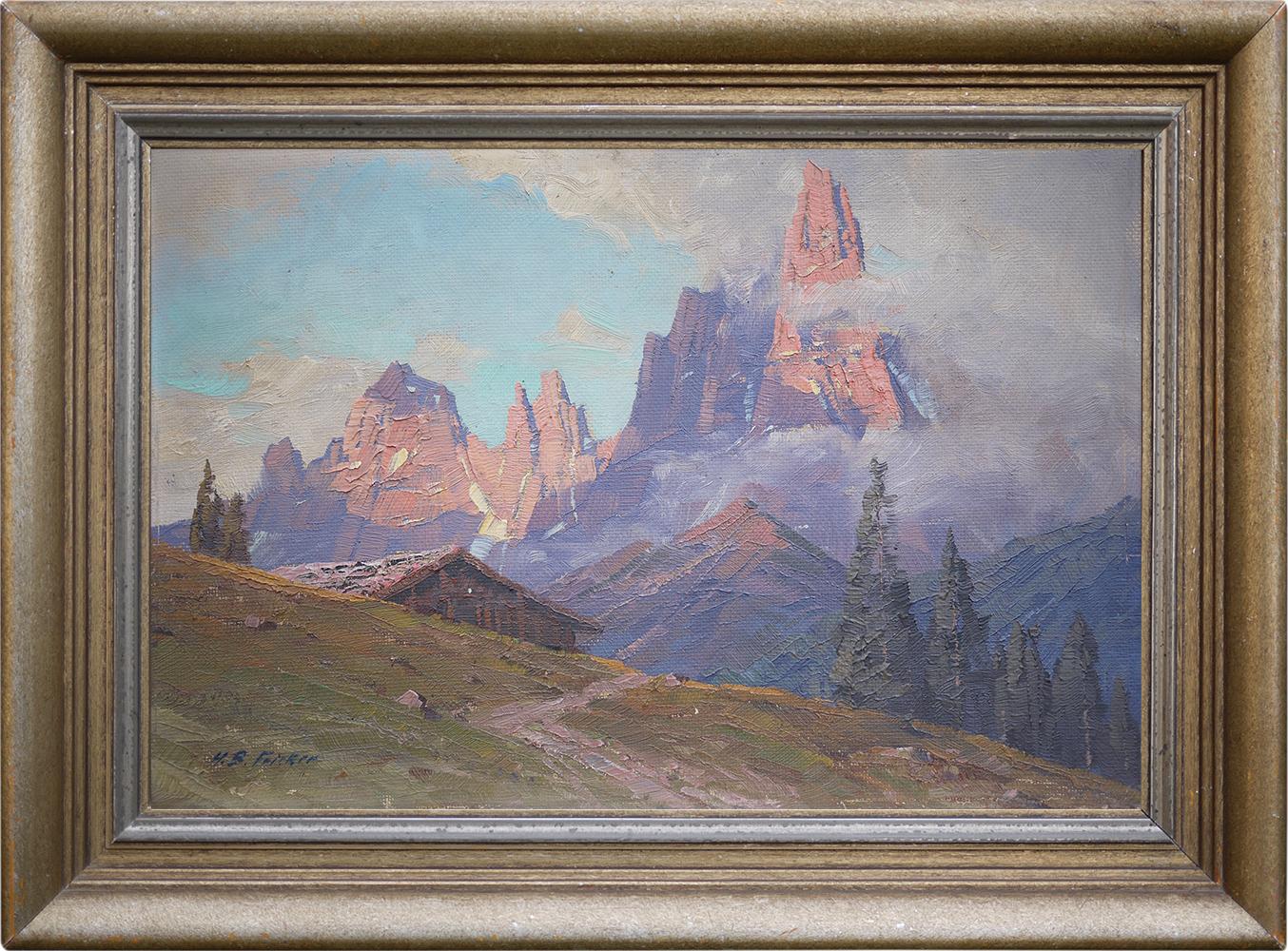 Mountain Sunset Oil on Board Painting, Fricker, 1920 5