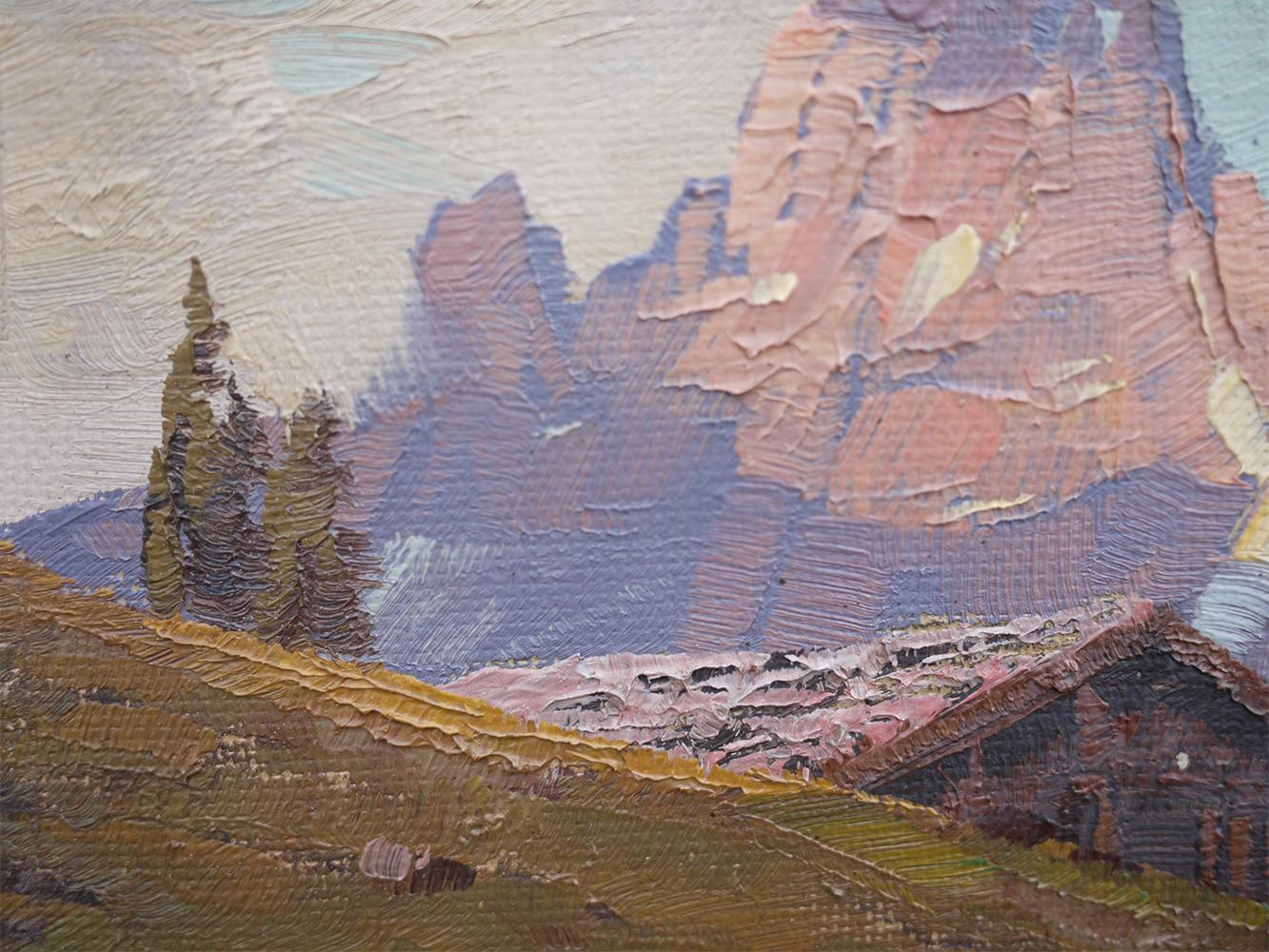 Mountain Sunset Oil on Board Painting, Fricker, 1920 In Good Condition In Albignasego, IT