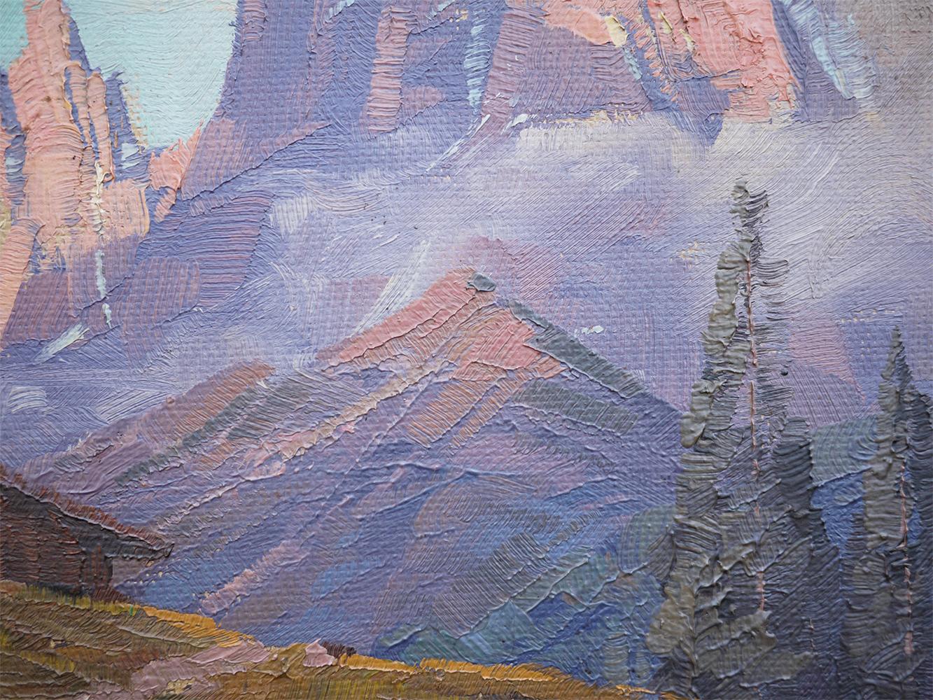 Early 20th Century Mountain Sunset Oil on Board Painting, Fricker, 1920