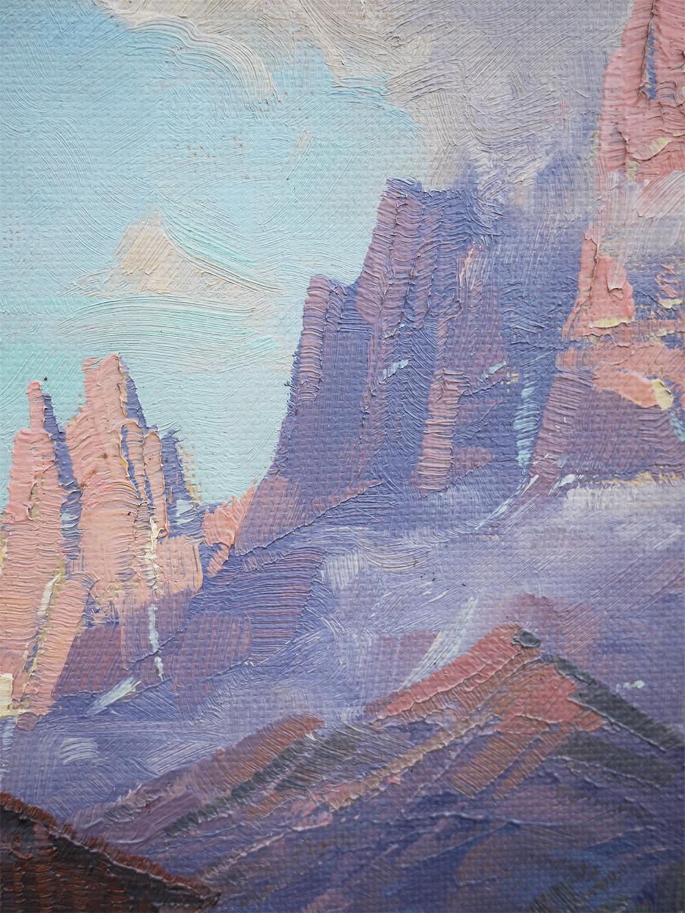 Mountain Sunset Oil on Board Painting, Fricker, 1920 1