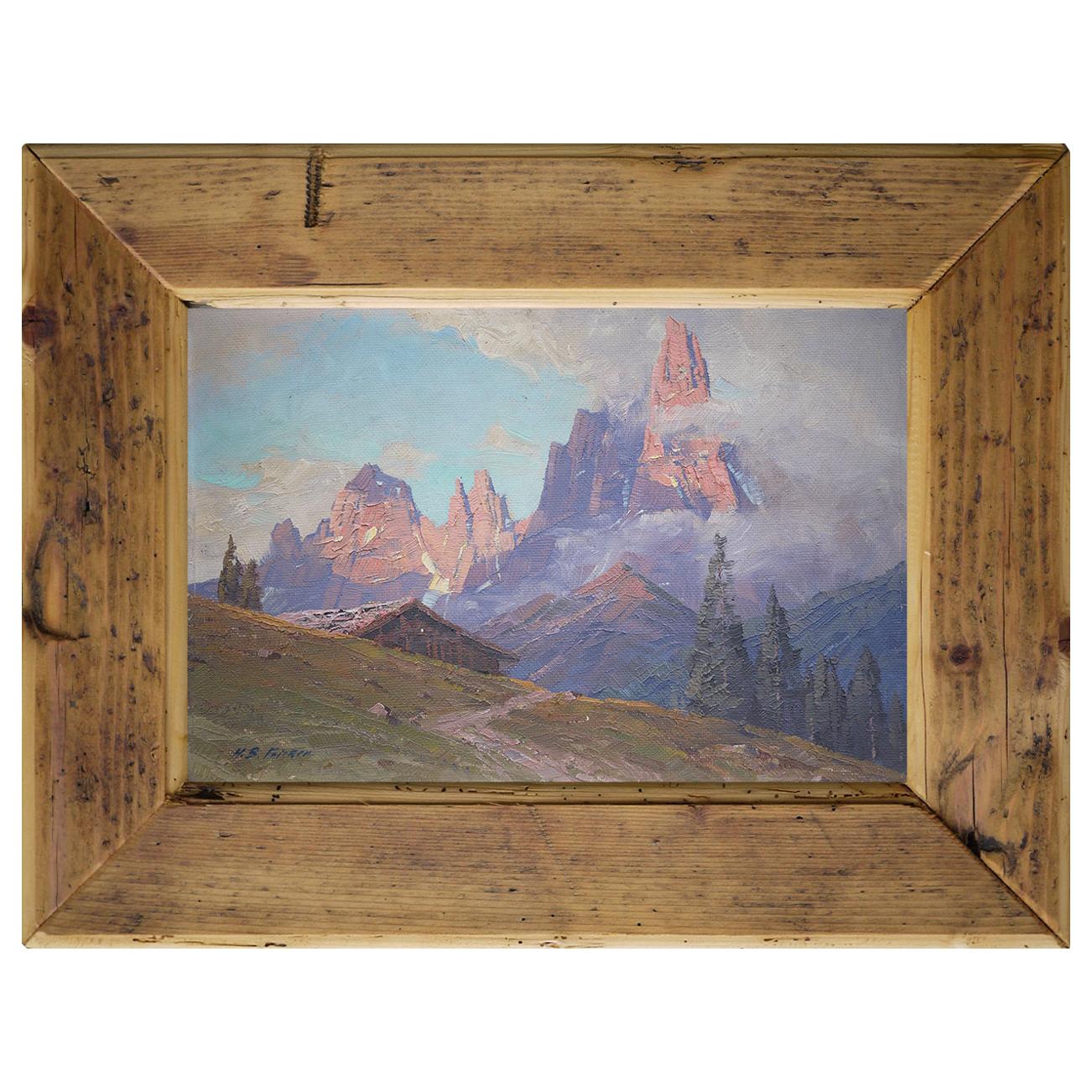 Mountain Sunset Oil on Board Painting, Fricker, 1920
