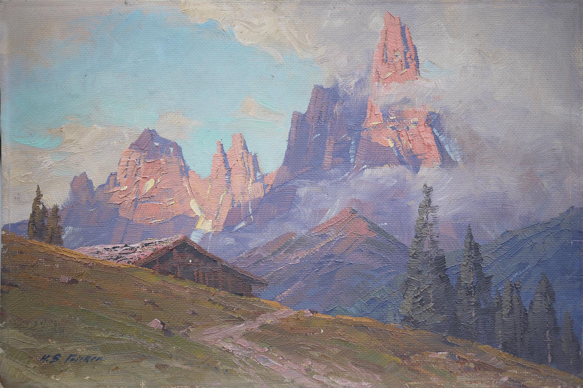 Pale di San Martino - Italian Dolomites

25 cm x 37 cm without frame - 37 cm x 49 cm with frame in antique fir
9.8 in x 14.6 in without frame - 14.6 in x 19.3 in with frame in antique fir

Oil on board - circa 1920

View of the 