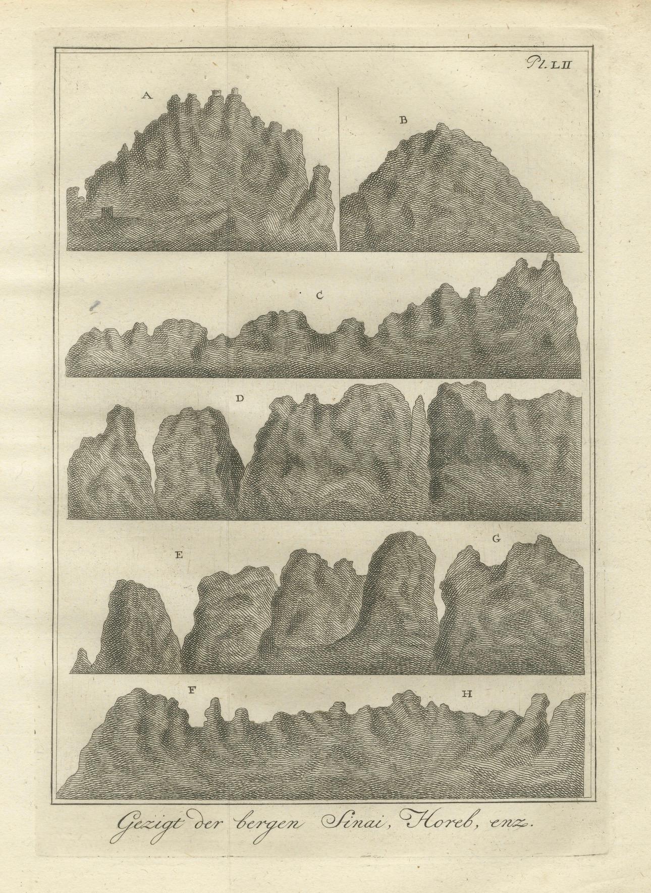 Bergansichten von Sinai und Horeb - Alter Kupferstich biblischer Landschaften, um 1776 im Zustand „Gut“ im Angebot in Langweer, NL