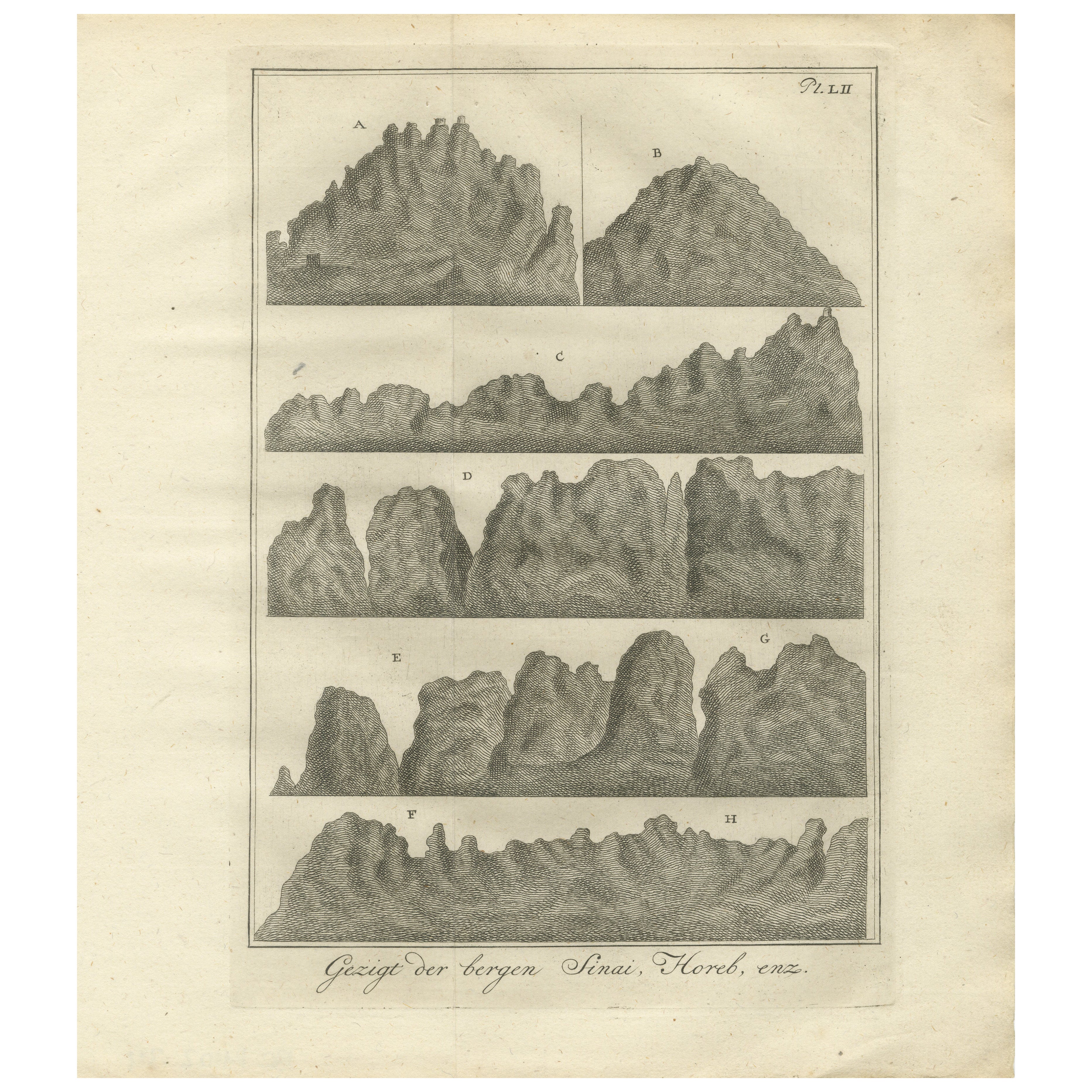Vistas montañosas del Sinaí y el Horeb - Grabado antiguo de paisajes bíblicos, c.1776