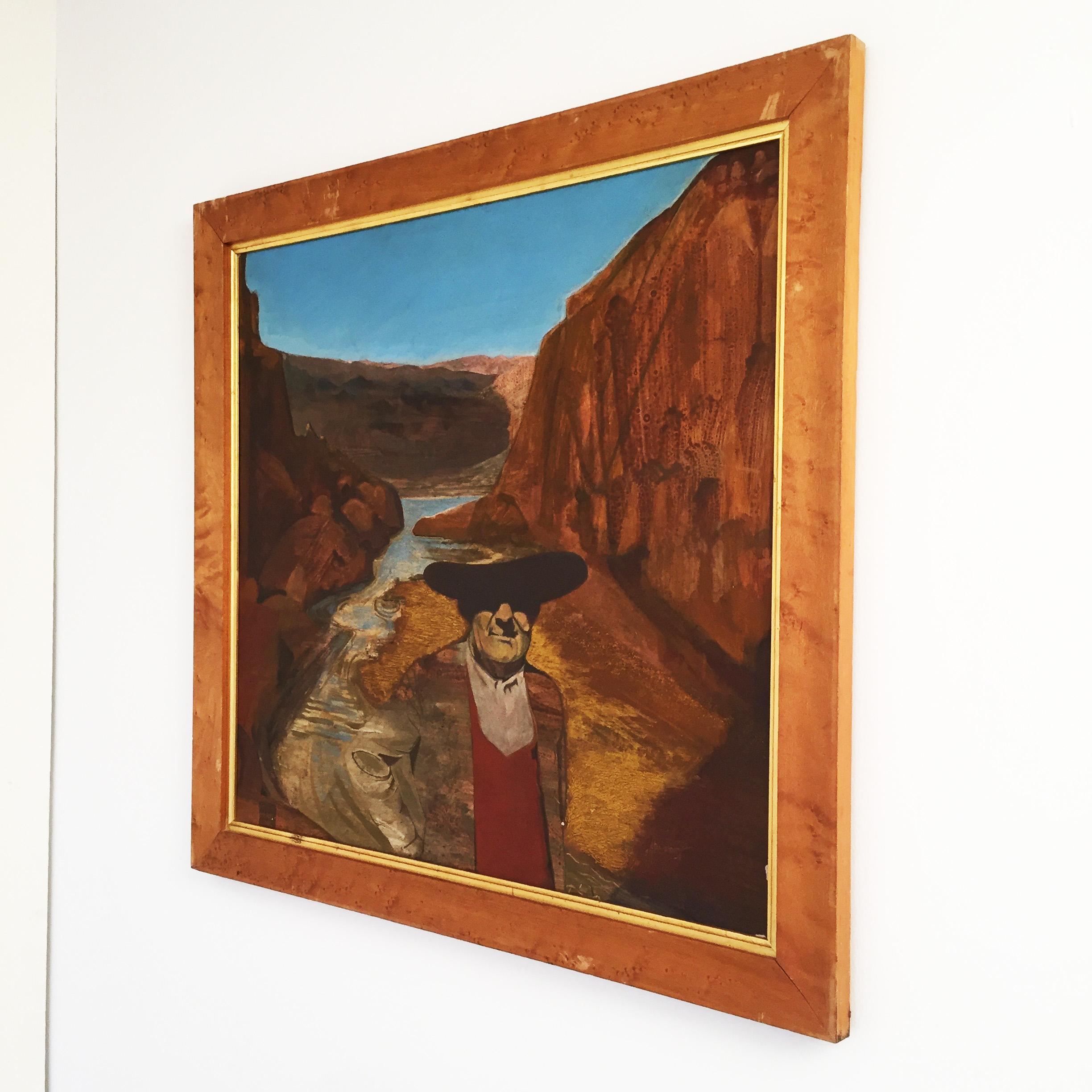 An interesting vintage painting signed by Alan Healey and painted in the 1980s, depicting an older man wearing a red jumper and a big hat within a mountainous background with a river and a blue sky. Framed in a burl walnut frame.


      