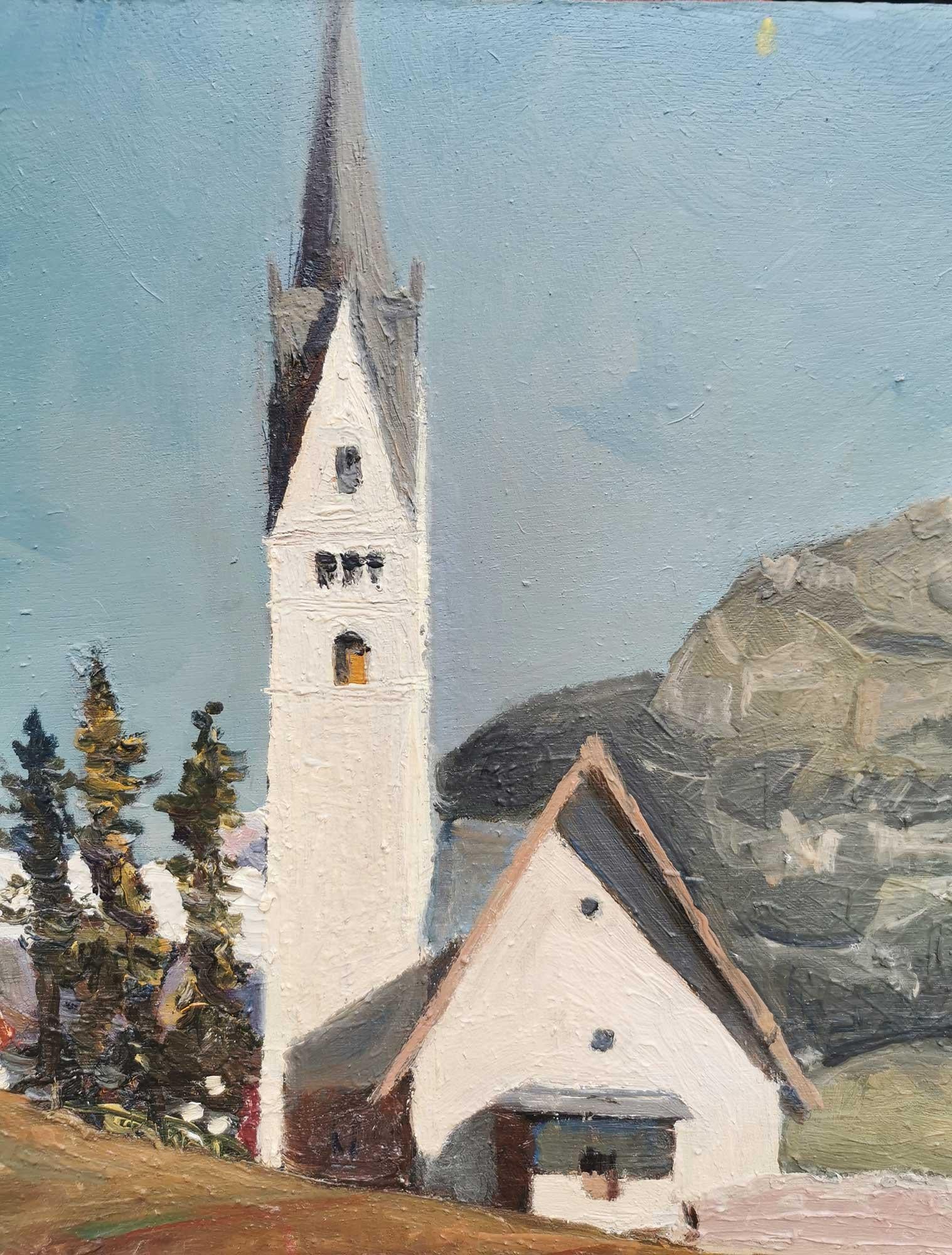 Mountains Landscape, Dolomites Val Di Fassa Church In Good Condition In Albignasego, IT