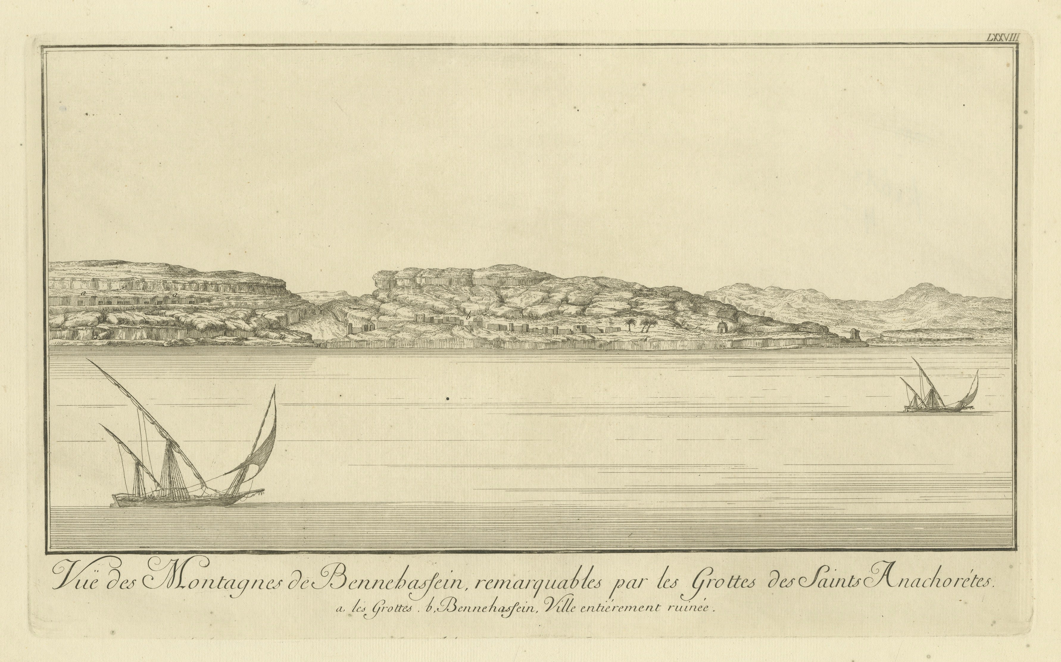 Mountains of Bennehassein and Hermit Grottos – Nile Engraving, c.1755