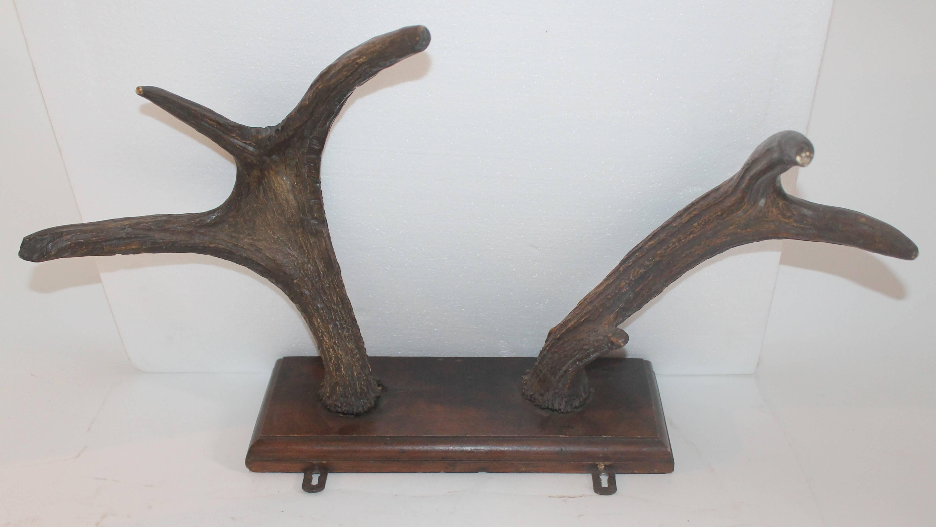 These deer antlers are from the 19th century and are mounted on walnut plank of wood. The hangers are on the reverse of the rack. Condition is very good.