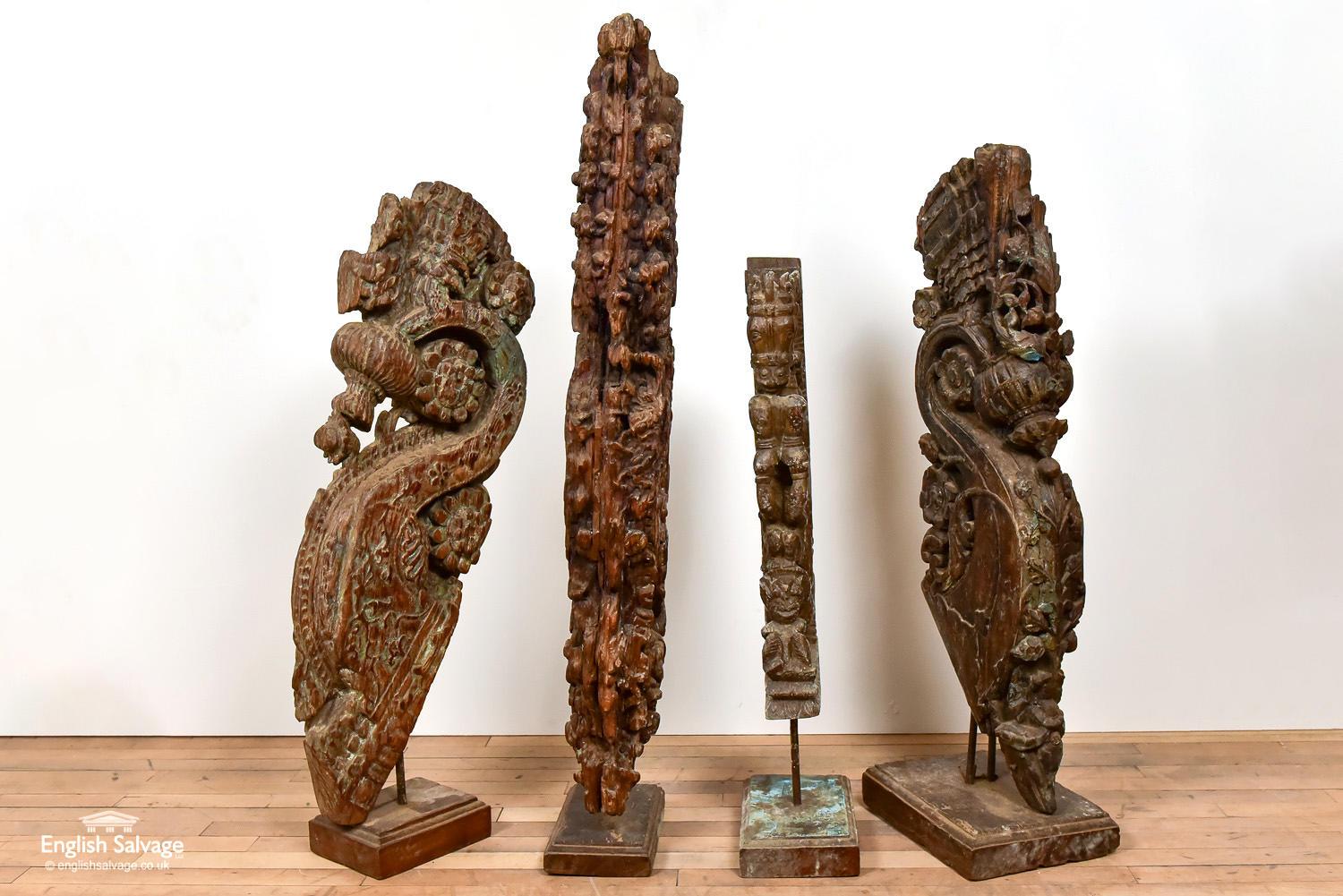 Old teak corbels / brackets mounted as decorative sculptures. Measures: Heights vary from 85cm, 199cm, 100cm, 116cm.