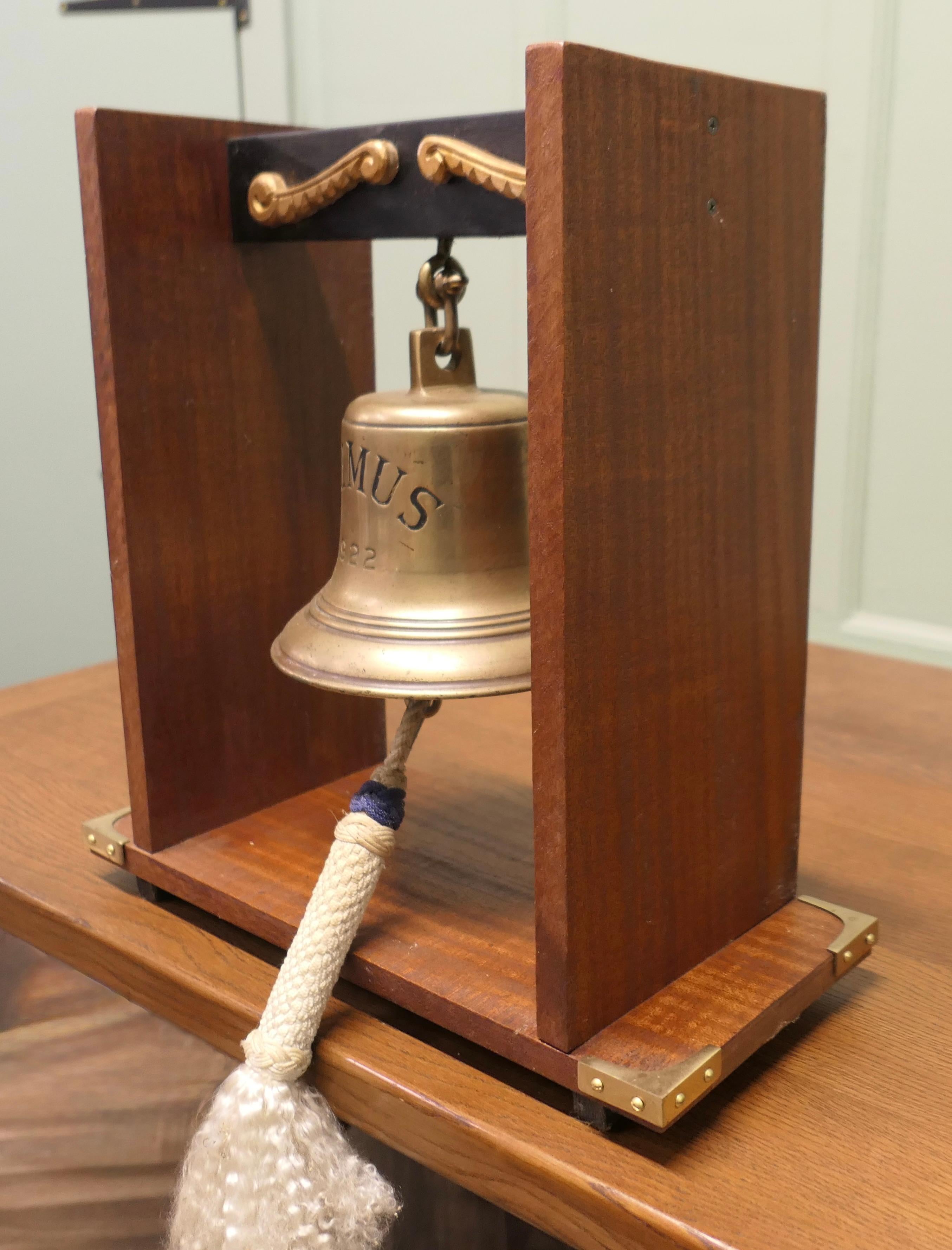 Mounted Bronze Ships Bell from MV ERIMUS 1922, Thornaby on Tees

Bronze Ships Bell with purpose made Mounting Bracket from MV ERIMUS which was launched in 1922 and was launched from Thornaby on Tees
The bell is complete with clapper and knotted bell