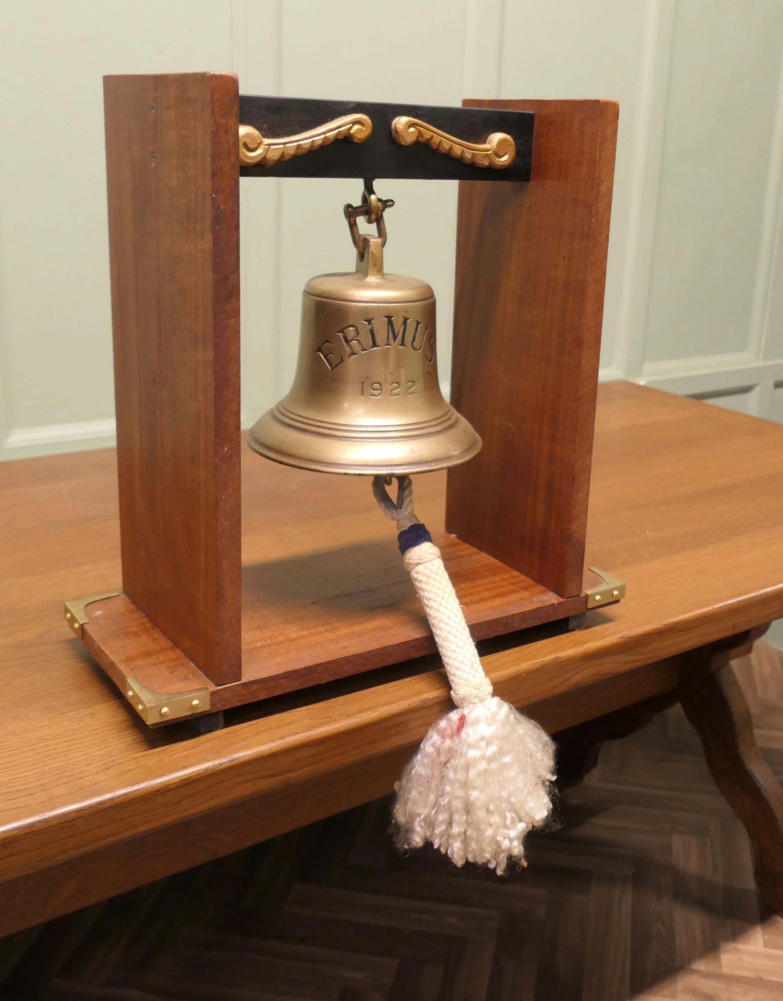 Mounted Bronze Ships Bell from MV ERIMUS 1922, Thornaby on Tees In Good Condition For Sale In Godshill, Isle of Wight