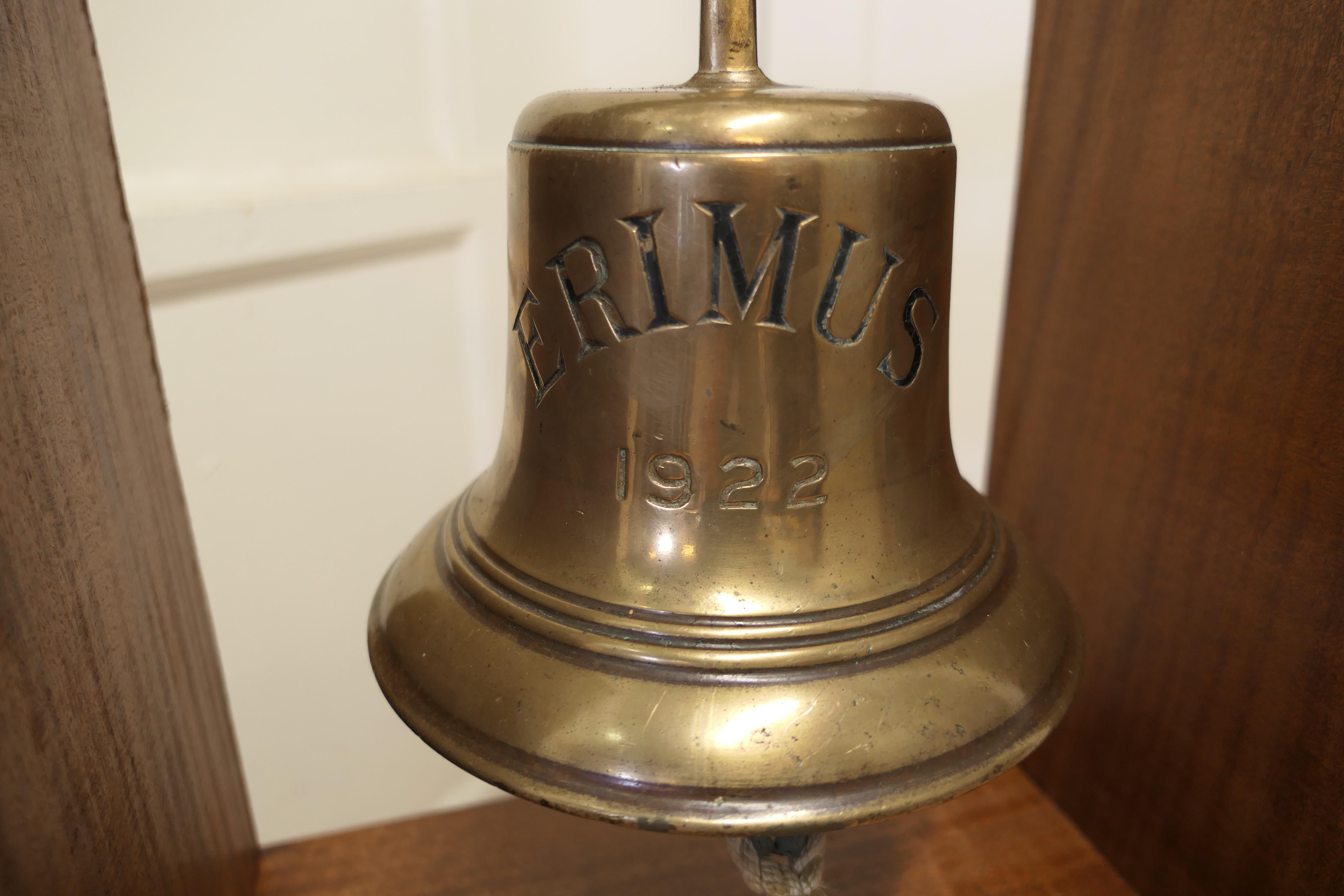 20th Century Mounted Bronze Ships Bell from Mv Erimus 1922, Thornaby on Tees For Sale
