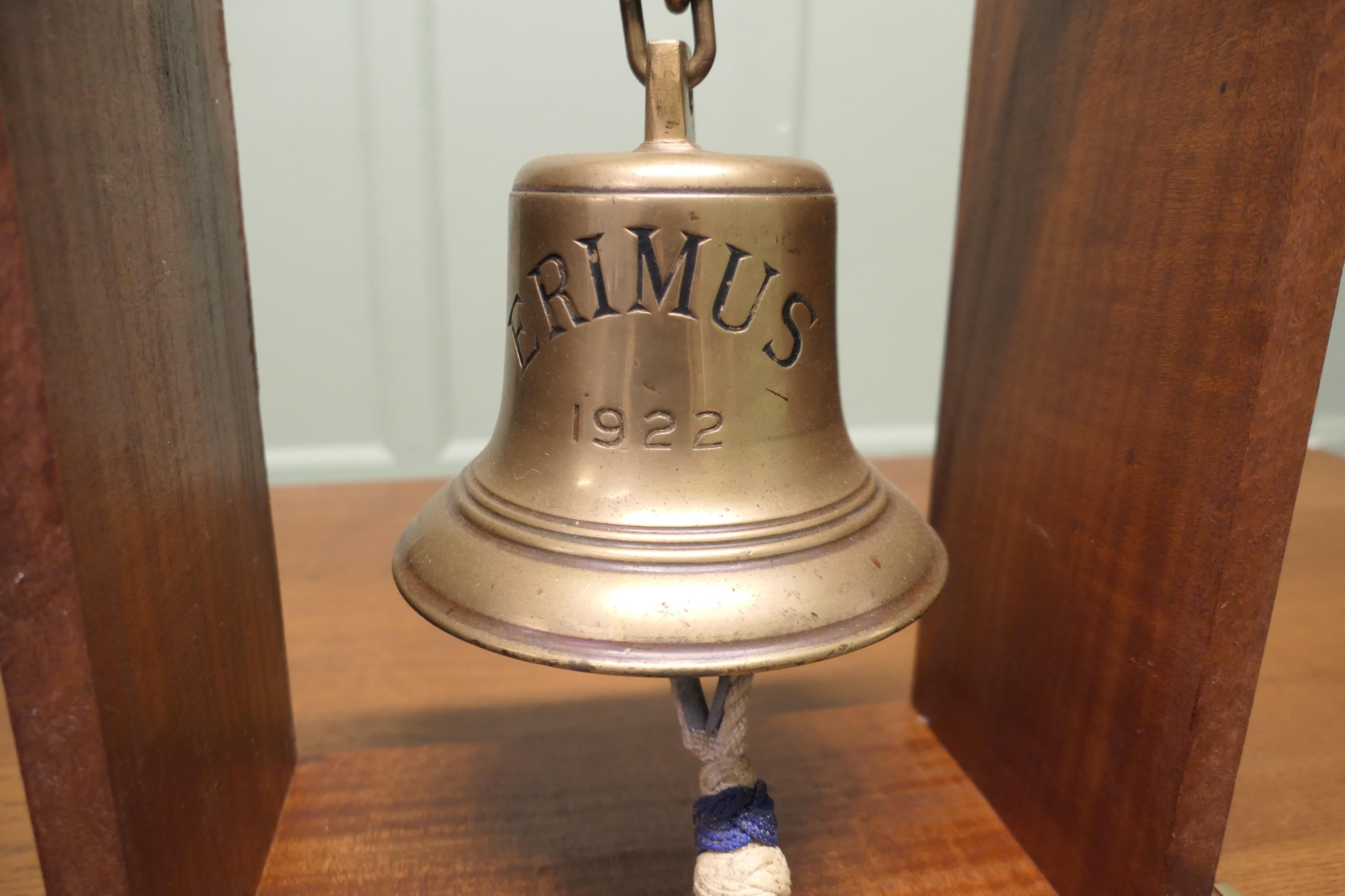 Early 20th Century Mounted Bronze Ships Bell from MV ERIMUS 1922, Thornaby on Tees For Sale