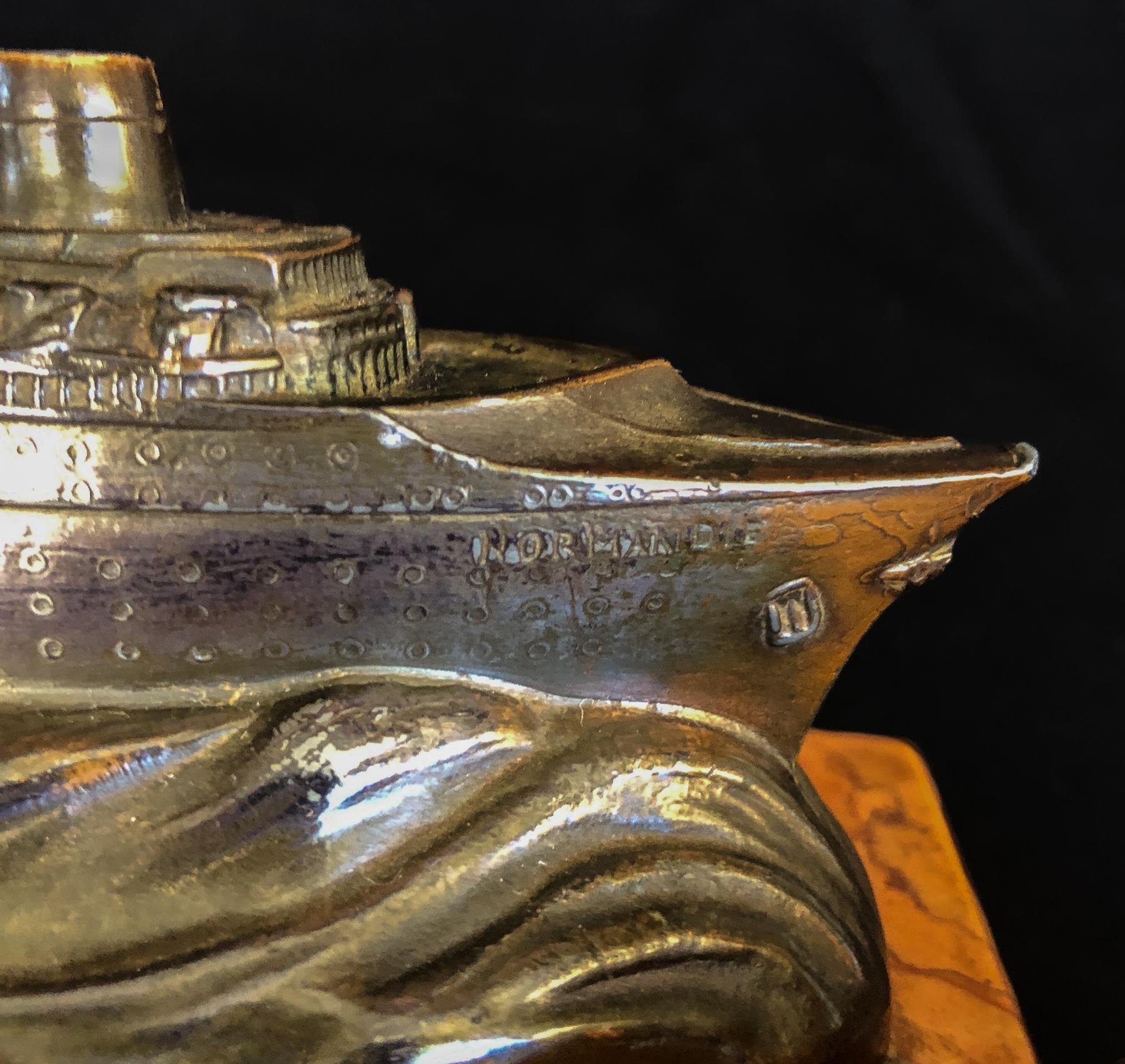 Mounted Bronze Type Model of the SS Normandie at Sea In Fair Condition For Sale In San Francisco, CA