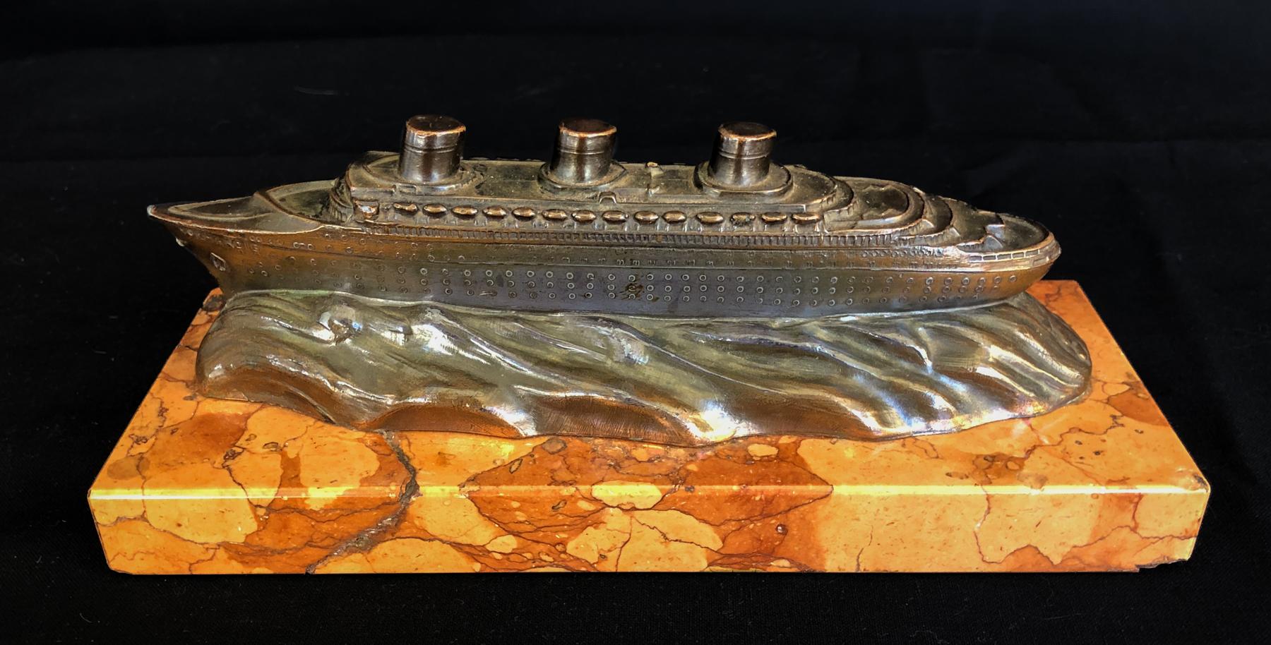 Mid-20th Century Mounted Bronze Type Model of the SS Normandie at Sea For Sale