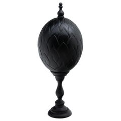 Mounted Carved Black Ostrich Egg with Finial