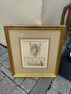 Mounted & Framed Circa 1900 Pencil Drawing of Armorial Over Sofa, Unsigned