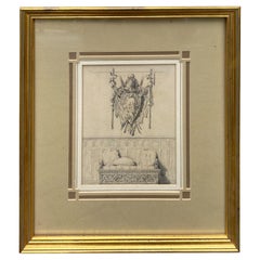 Mounted & Framed Circa 1900 Pencil Drawing of Armorial Over Sofa, Unsigned