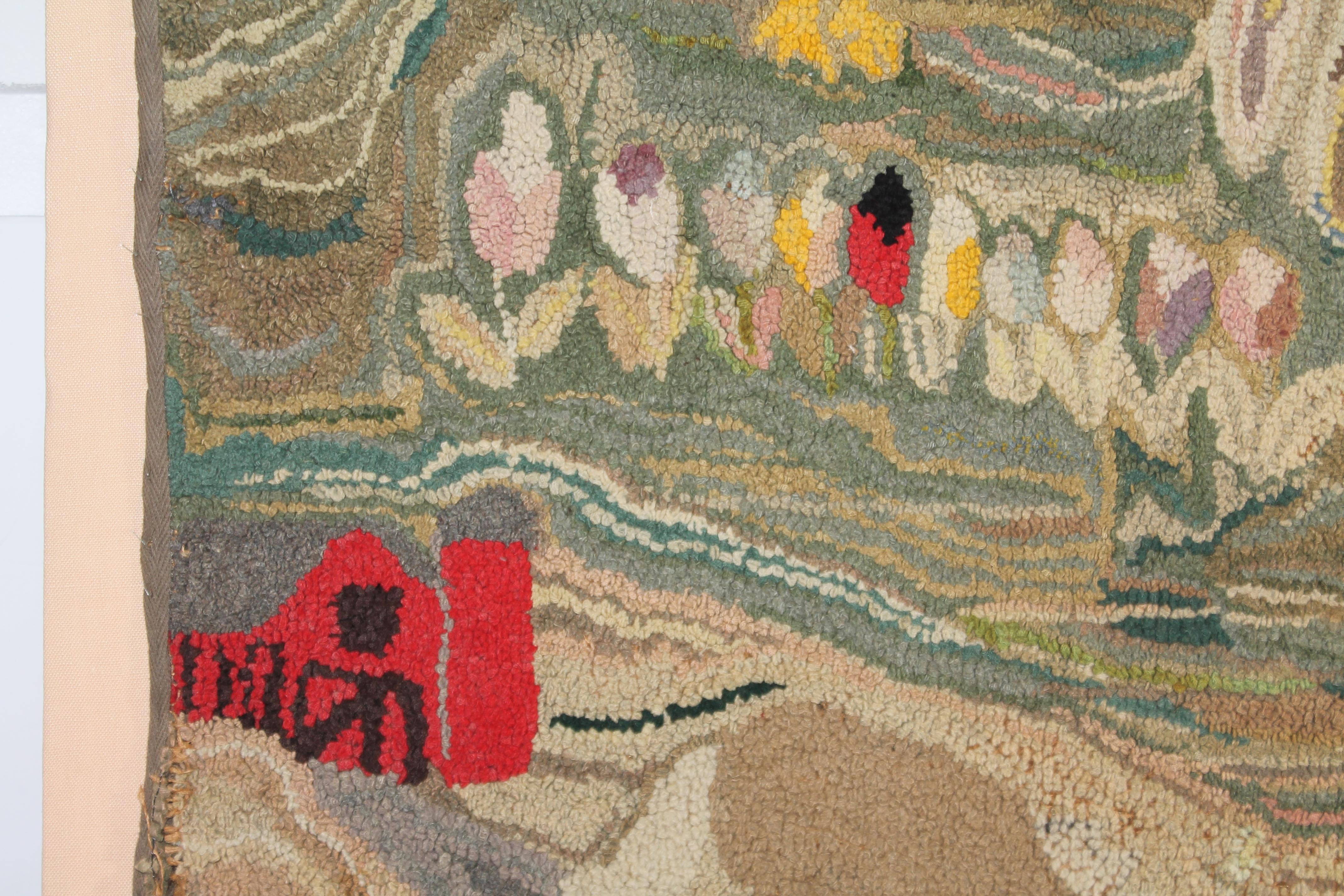 This fantastic hand hooked pictorial farm scene rug with large chicken featured in the center.Originally found in New England.It is sewn on linen and mounted on a stretcher frame.Condition is very good. Ready to hand in your home collection.