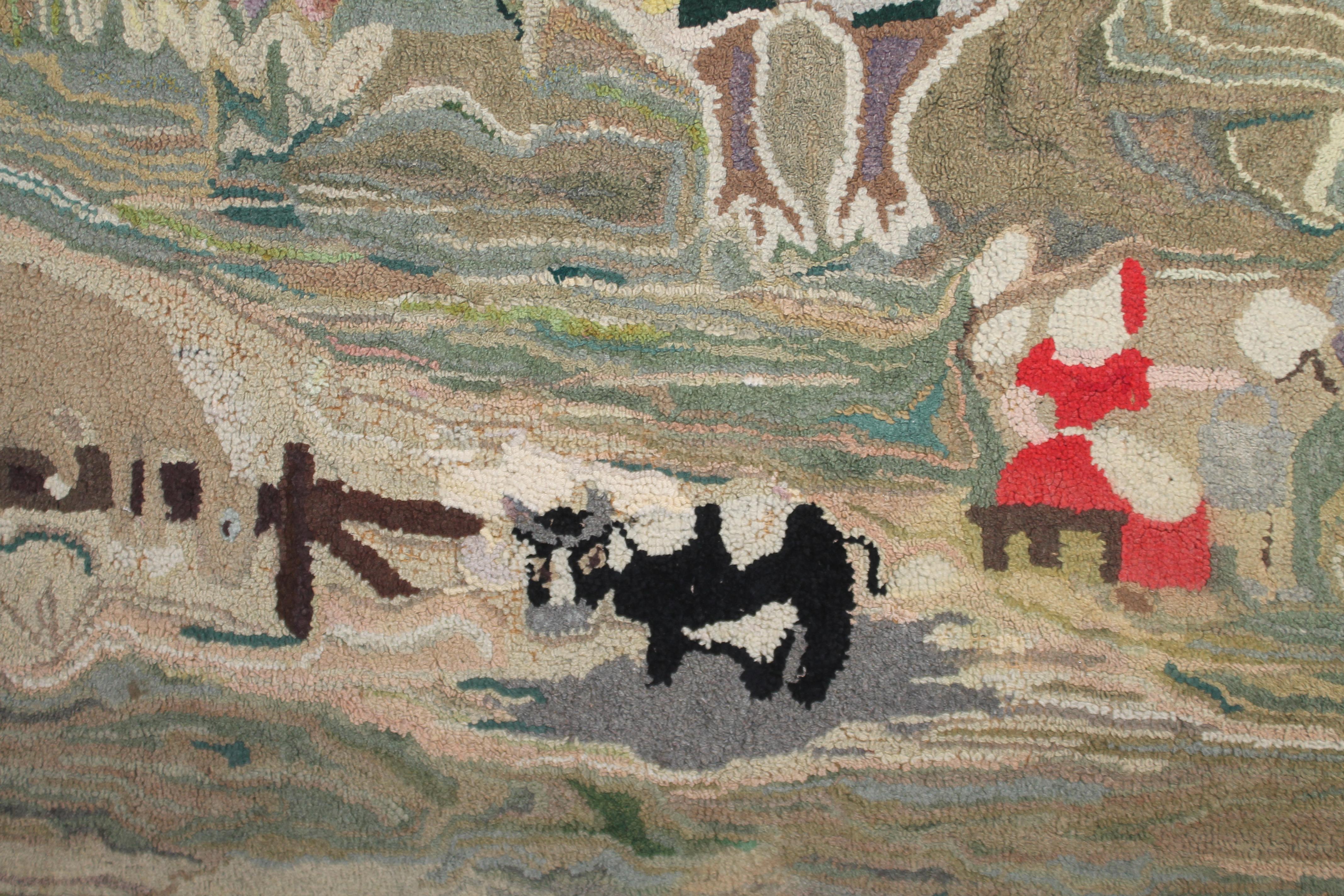 Mounted Hand Hooked Pictorial Animals Rug-Mounted  In Good Condition For Sale In Los Angeles, CA