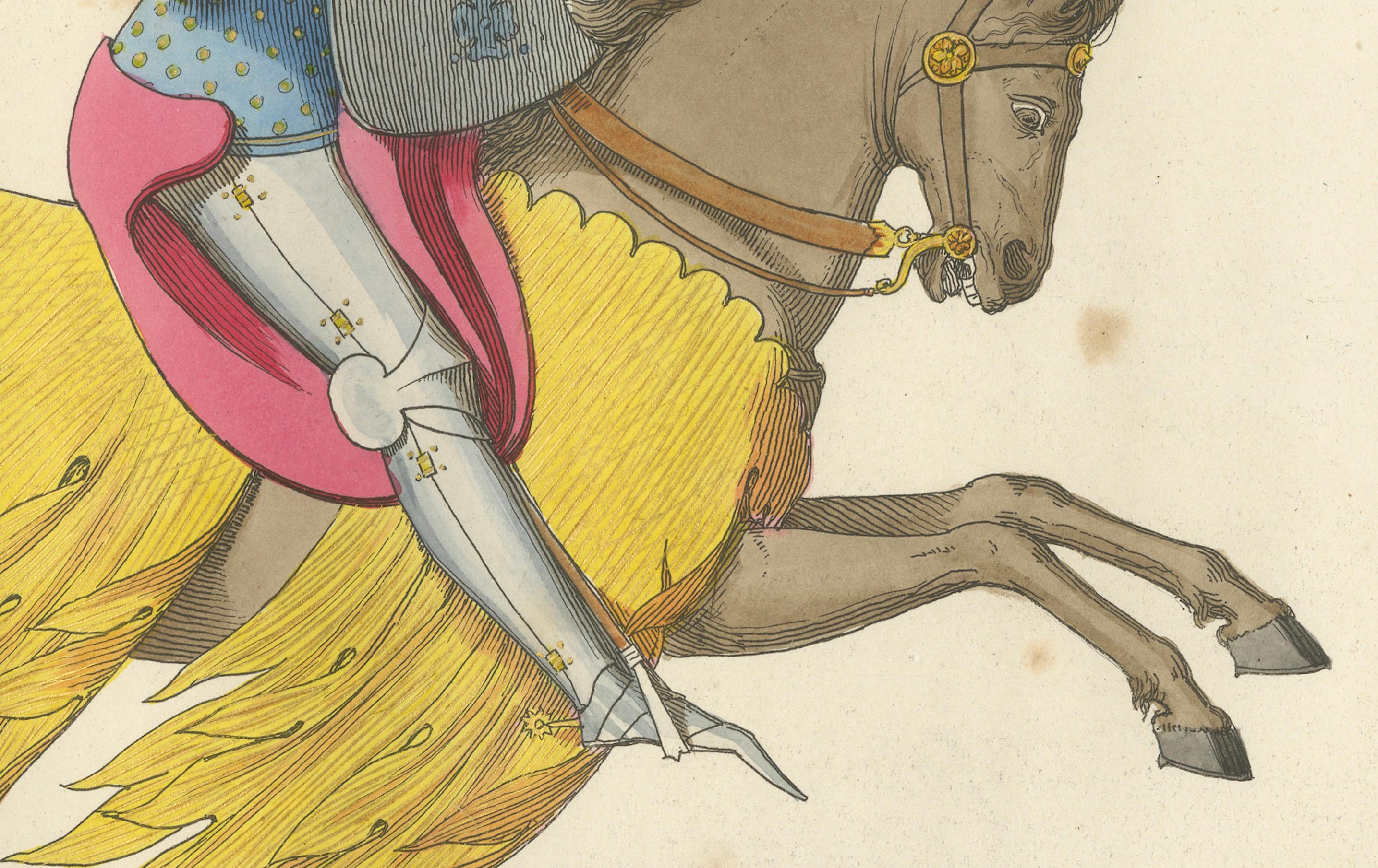 Français C Knight Knight en armure de tournoi c.1400 - Estampe ancienne, 1845 en vente